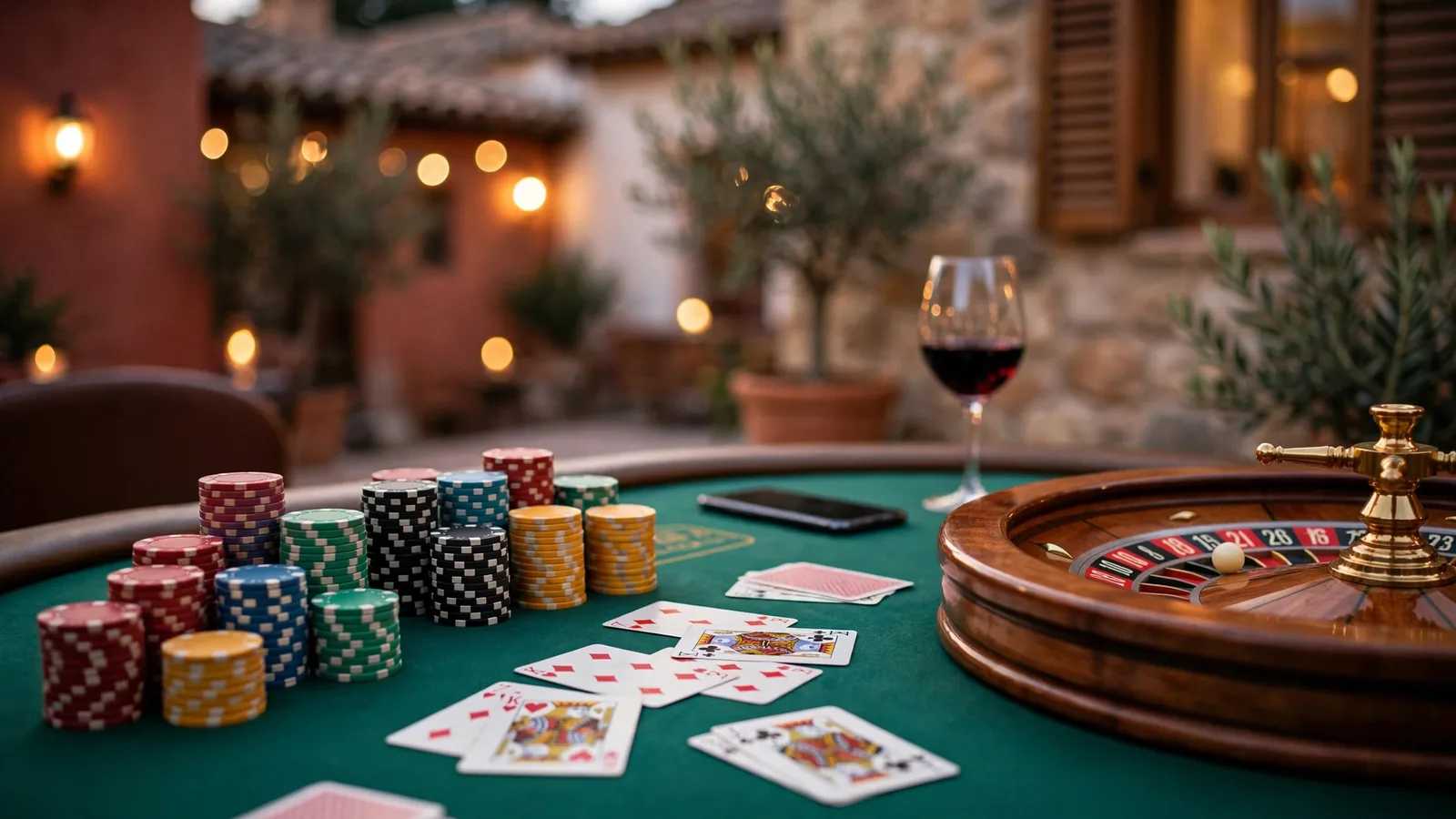 Mesa de casino con fichas de póquer, ruleta y cartas bajo luz cálida española