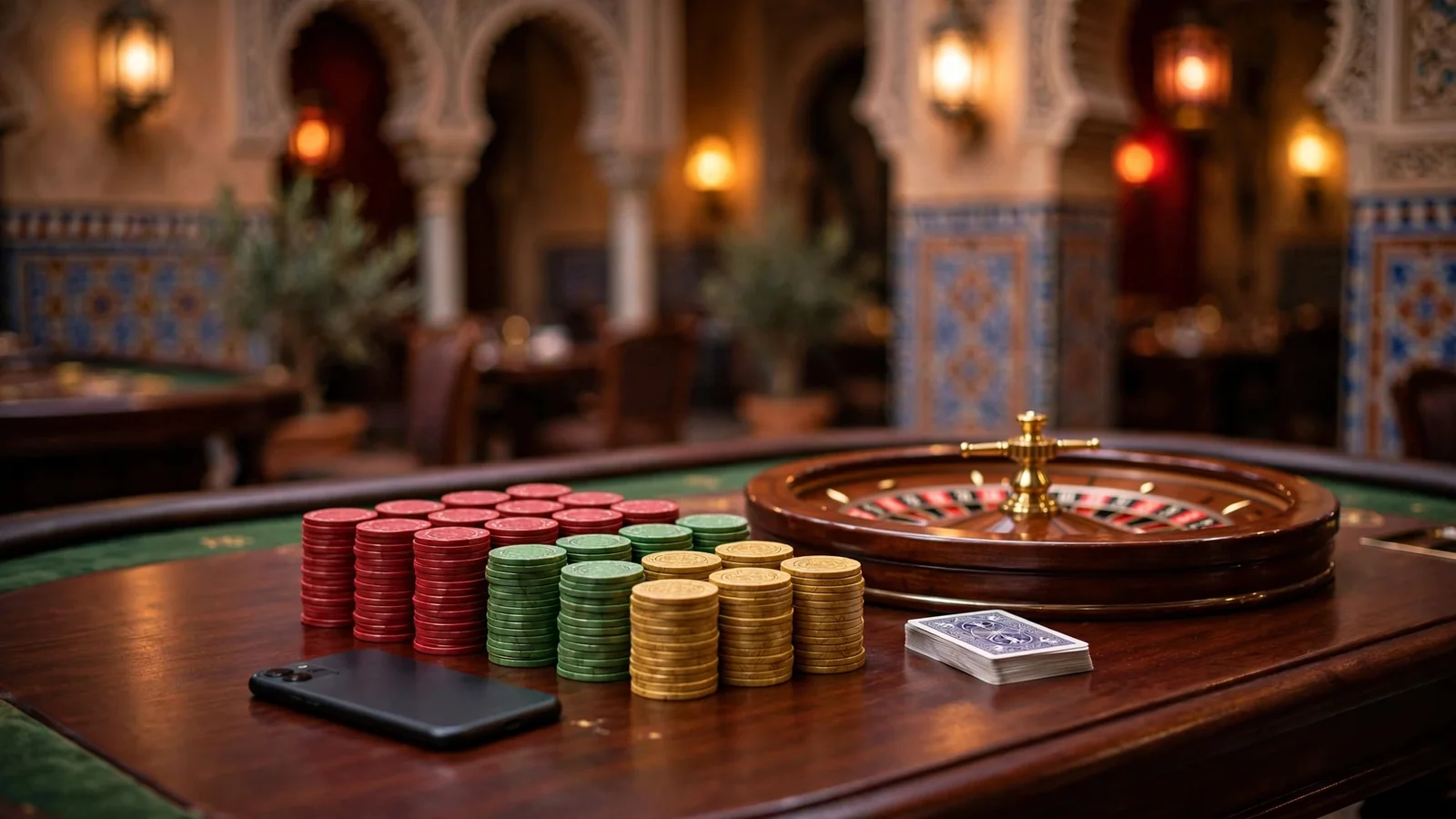 Mesa de casino española con fichas de colores, ruleta de madera y teléfono boca abajo en ambiente elegante