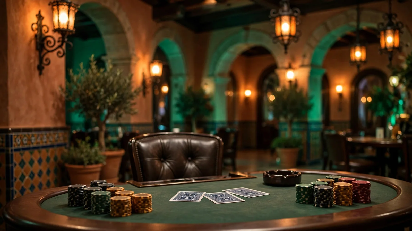 Mesa de blackjack con fichas y cartas en un elegante casino español con iluminación cálida