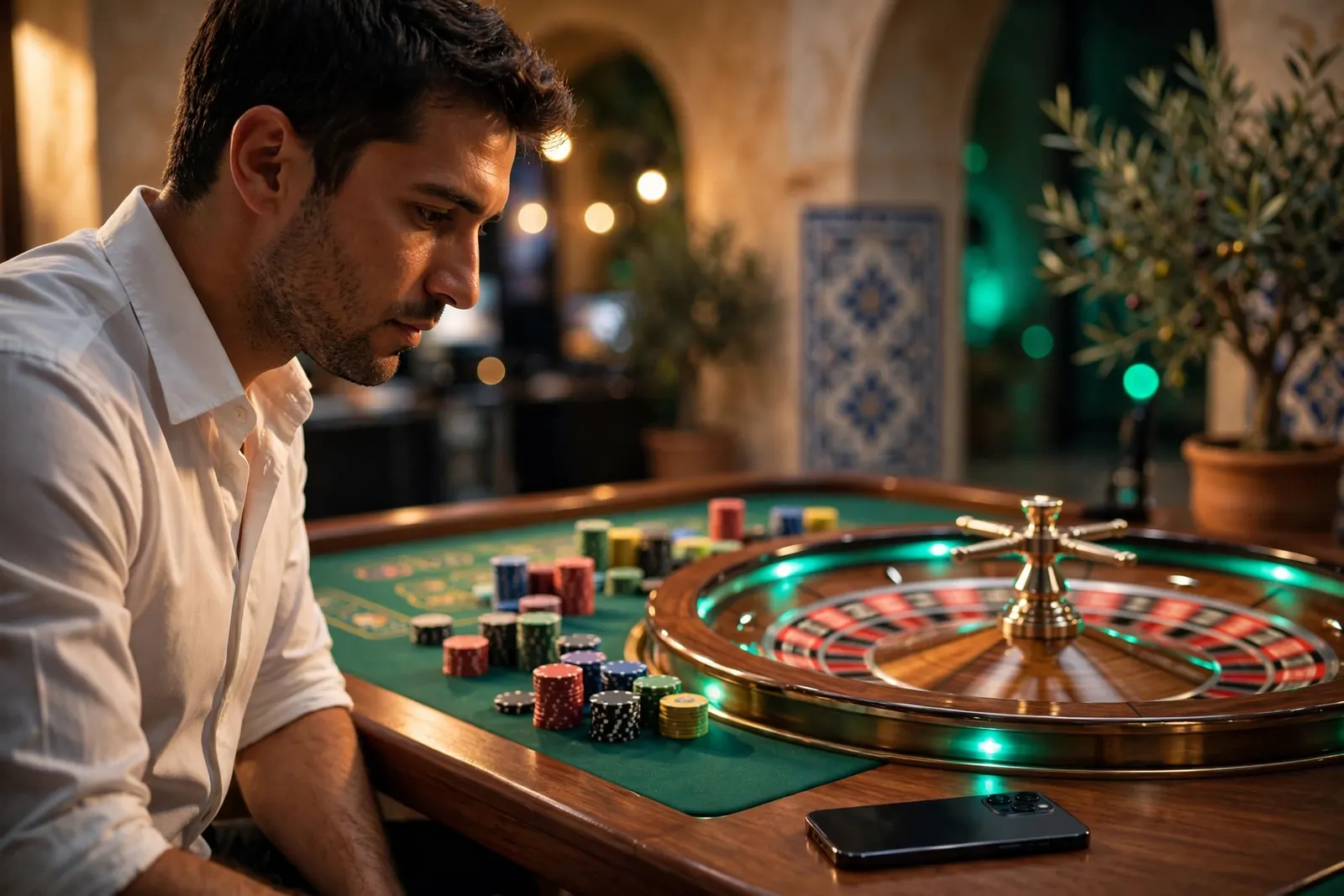 Crupier profesional manejando una ruleta en vivo en un elegante estudio de casino