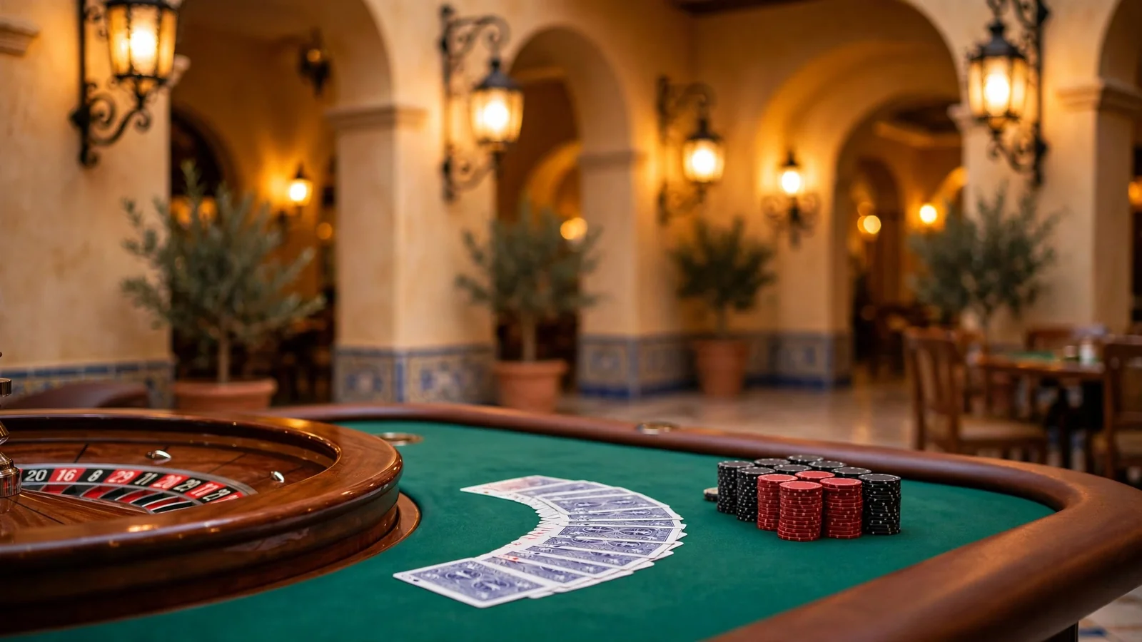 Mesa de ruleta elegante con fichas y cartas en un casino español