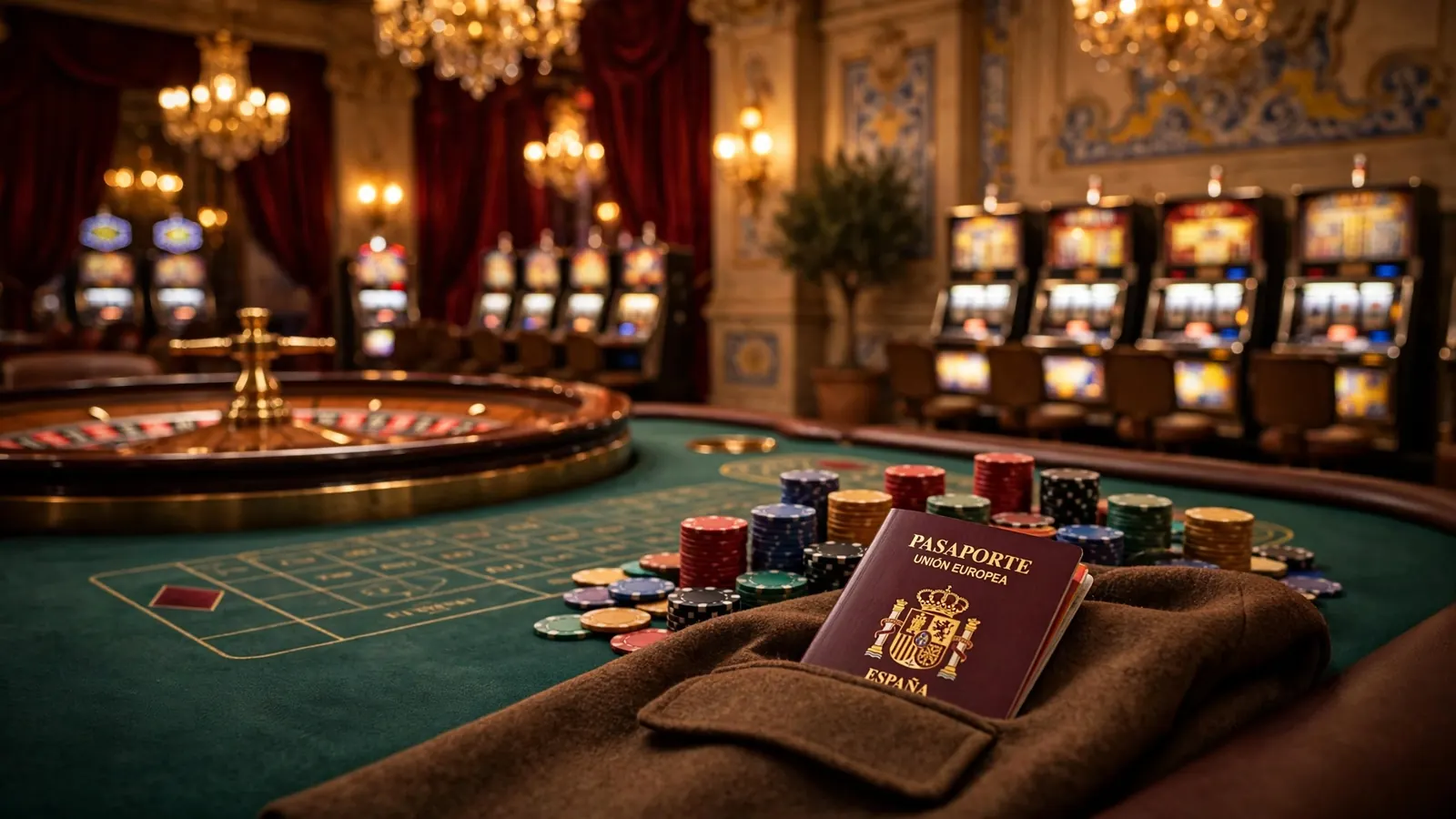 Mesa de ruleta con fichas en un casino elegante con pasaporte español