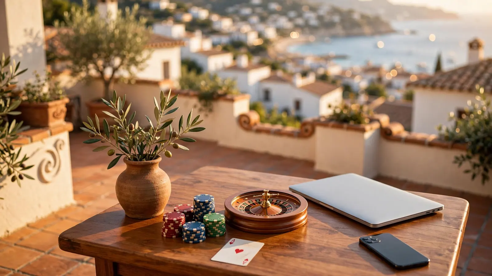 Mesa de casino con fichas y ruleta en terraza española junto al mar