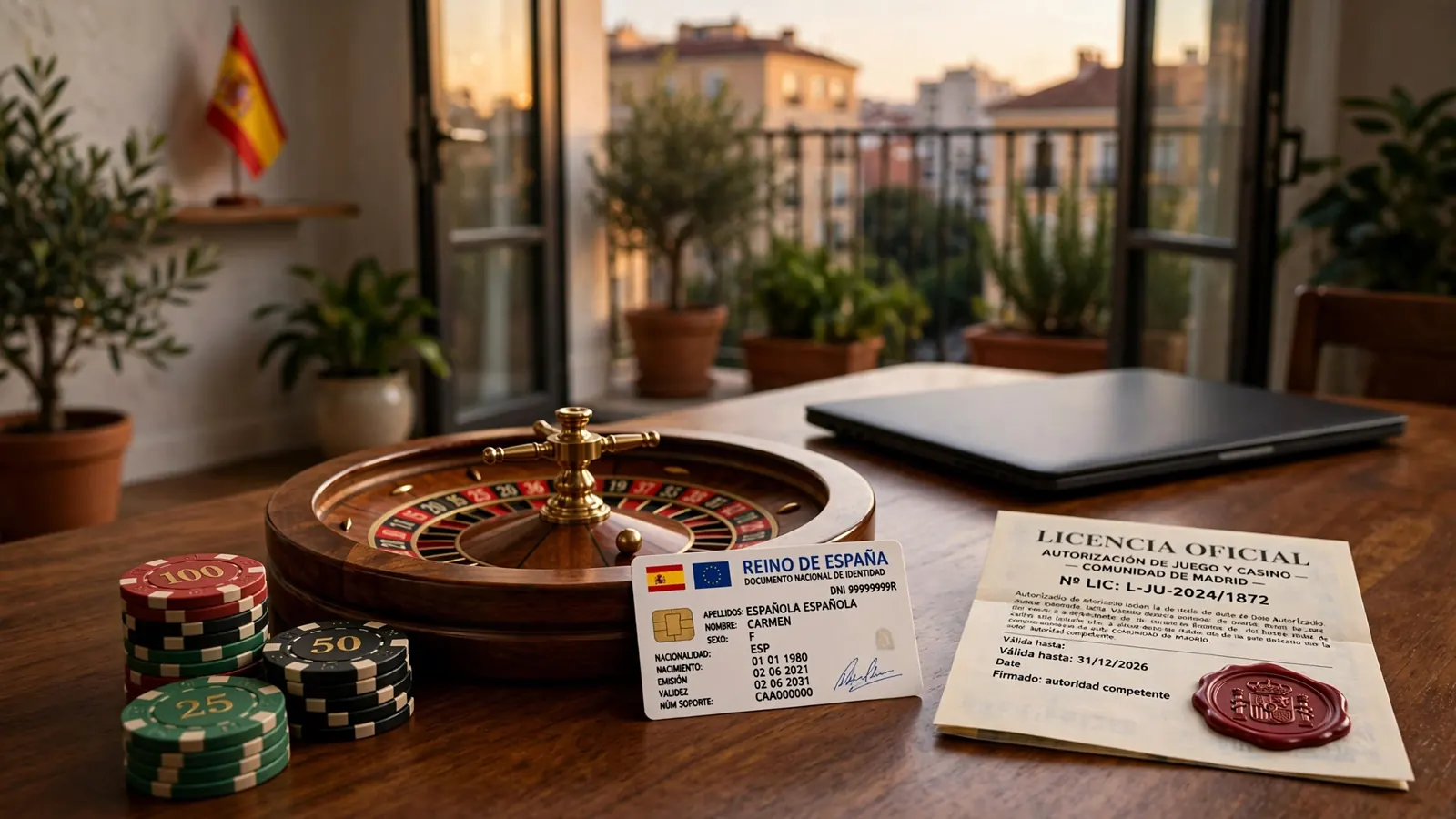 Mesa con fichas de casino, ruleta y documento de licencia española