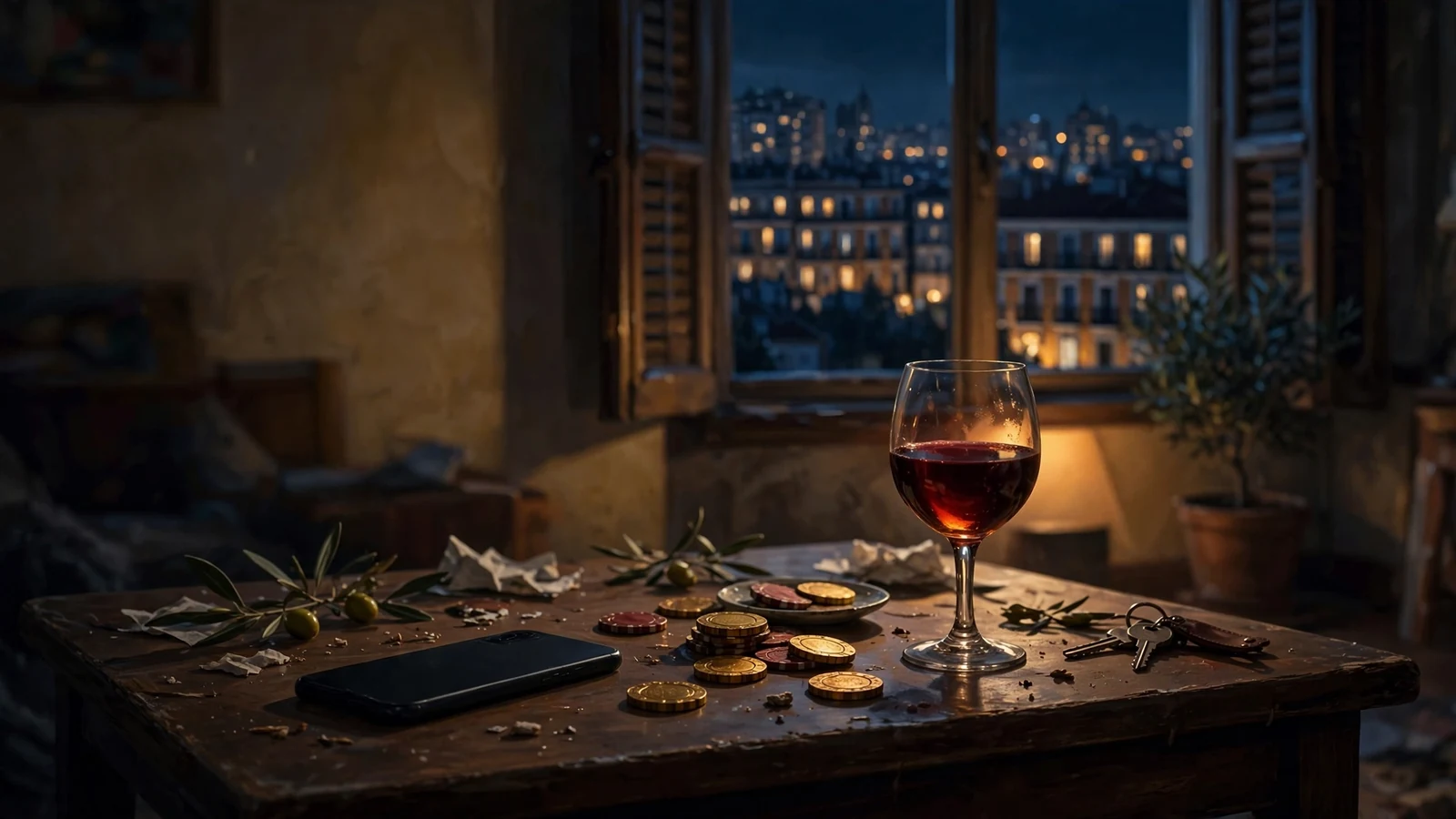 Mesa de noche con móvil boca abajo junto a fichas de póquer en un apartamento español oscuro