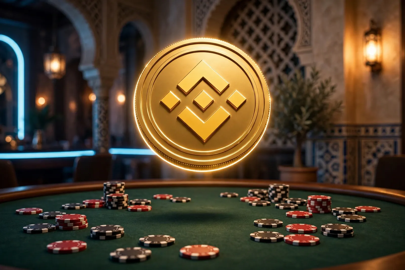 Moneda dorada de Binance sobre una mesa de casino con fichas de póker iluminada con luces neón
