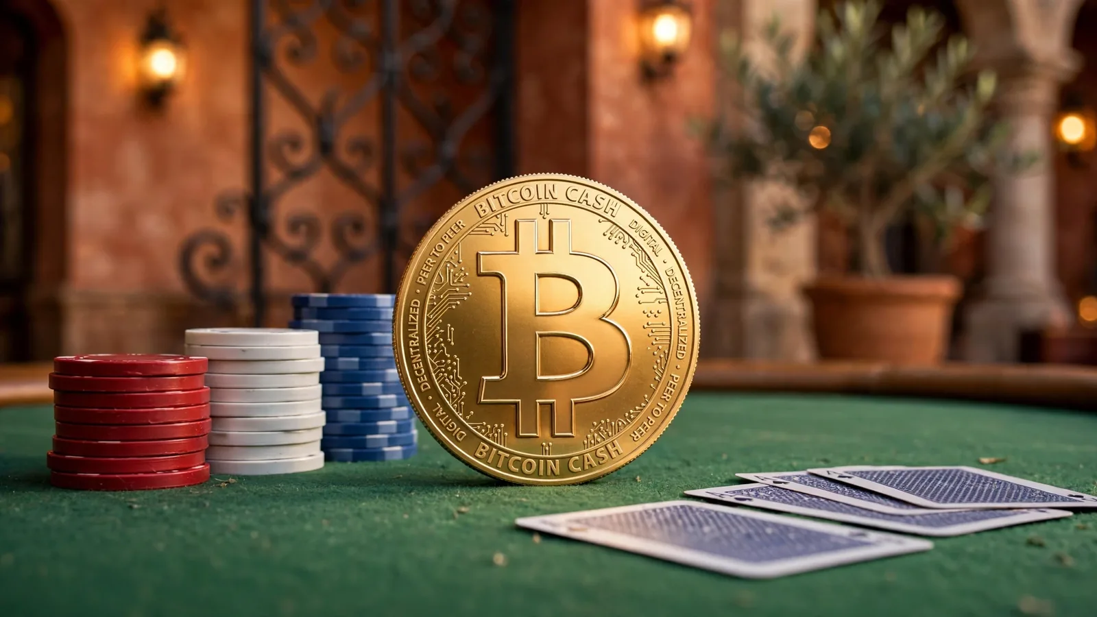 Mesa de casino con fichas, cartas y moneda dorada de Bitcoin Cash en ambiente español