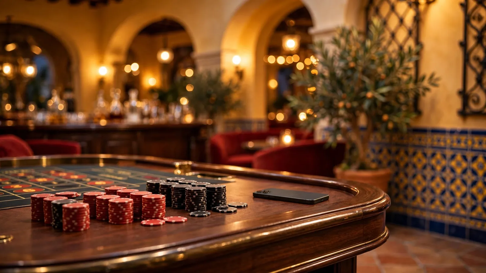 Mesa de ruleta en un salón de casino español con fichas y un smartphone