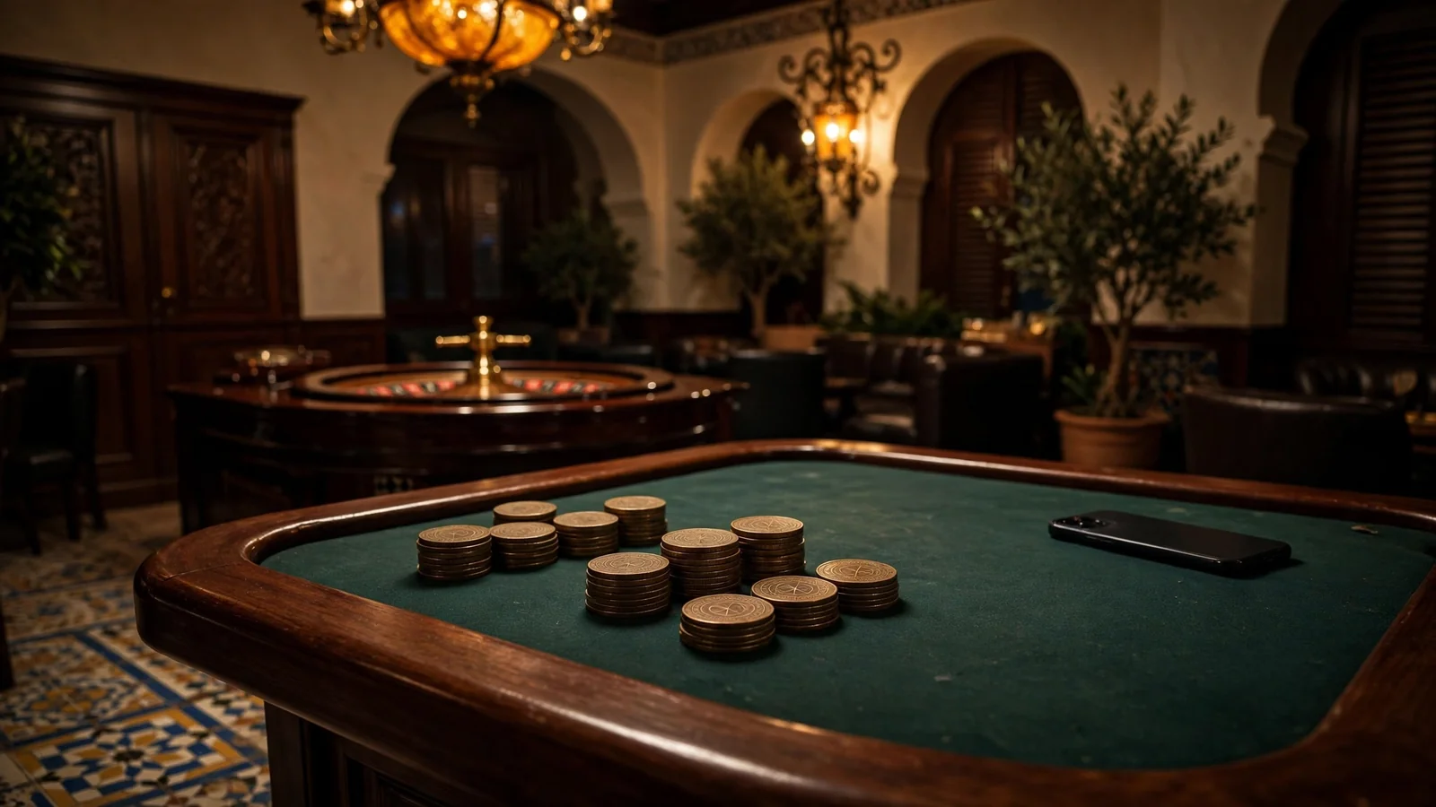 Mesa de casino elegante con monedas de criptomonedas y ruleta en ambiente español