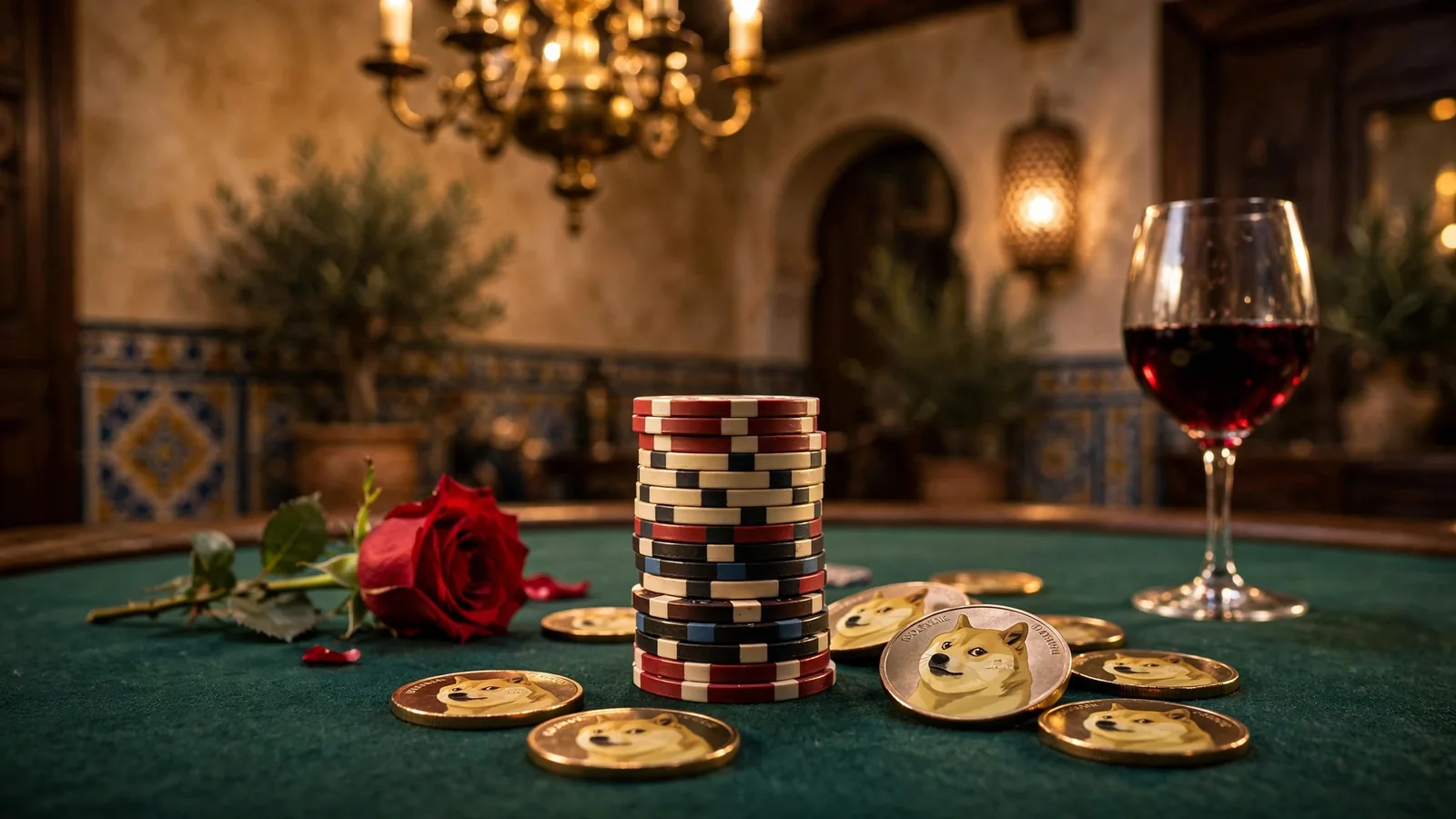 Mesa de casino con fichas y monedas Dogecoin junto a una copa de vino español