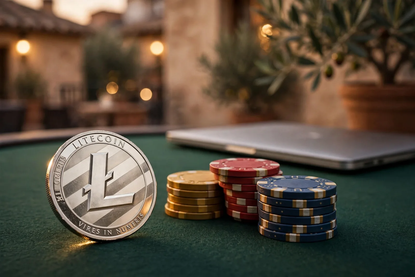 Moneda Litecoin junto a fichas de casino sobre mesa de fieltro verde