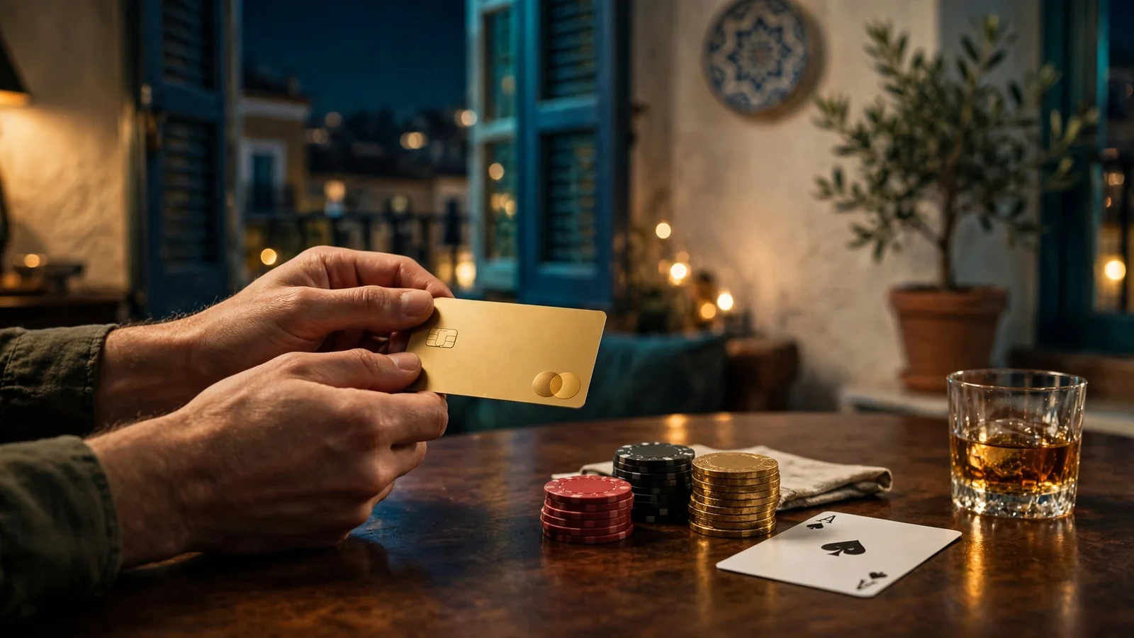 Manos sosteniendo una tarjeta de crédito dorada junto a fichas de casino y una carta en una mesa elegante