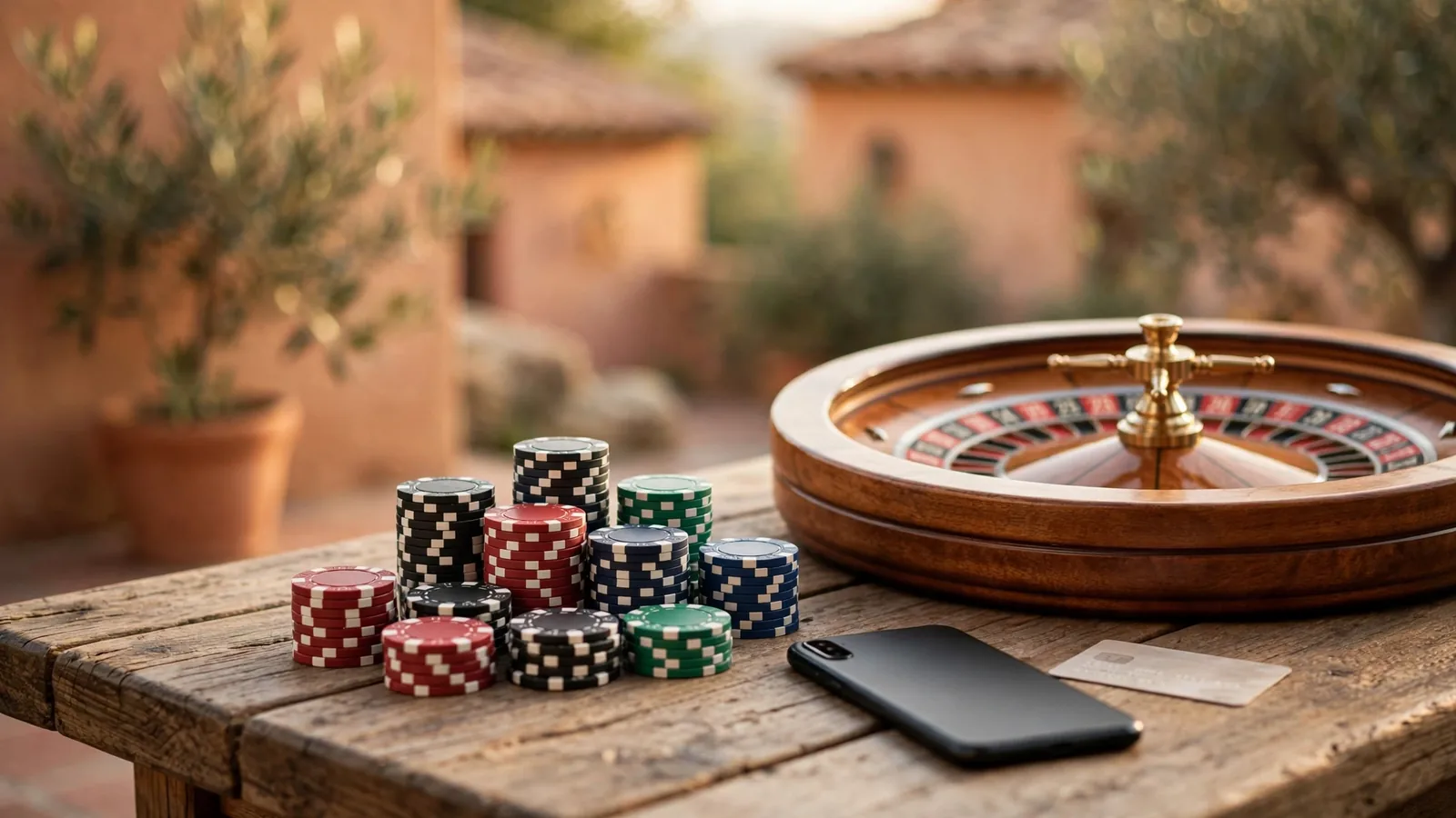 Mesa de casino con fichas, ruleta y smartphone junto a tarjeta de pago