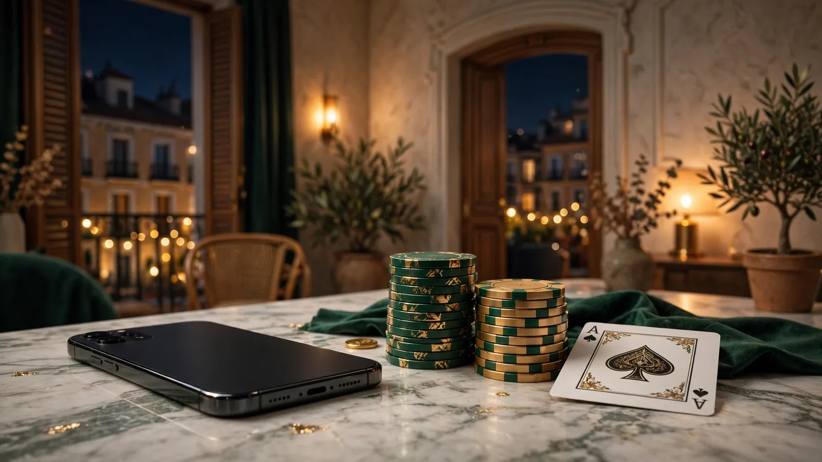 Móvil elegante junto a fichas de casino y un as de picas en ambiente nocturno español