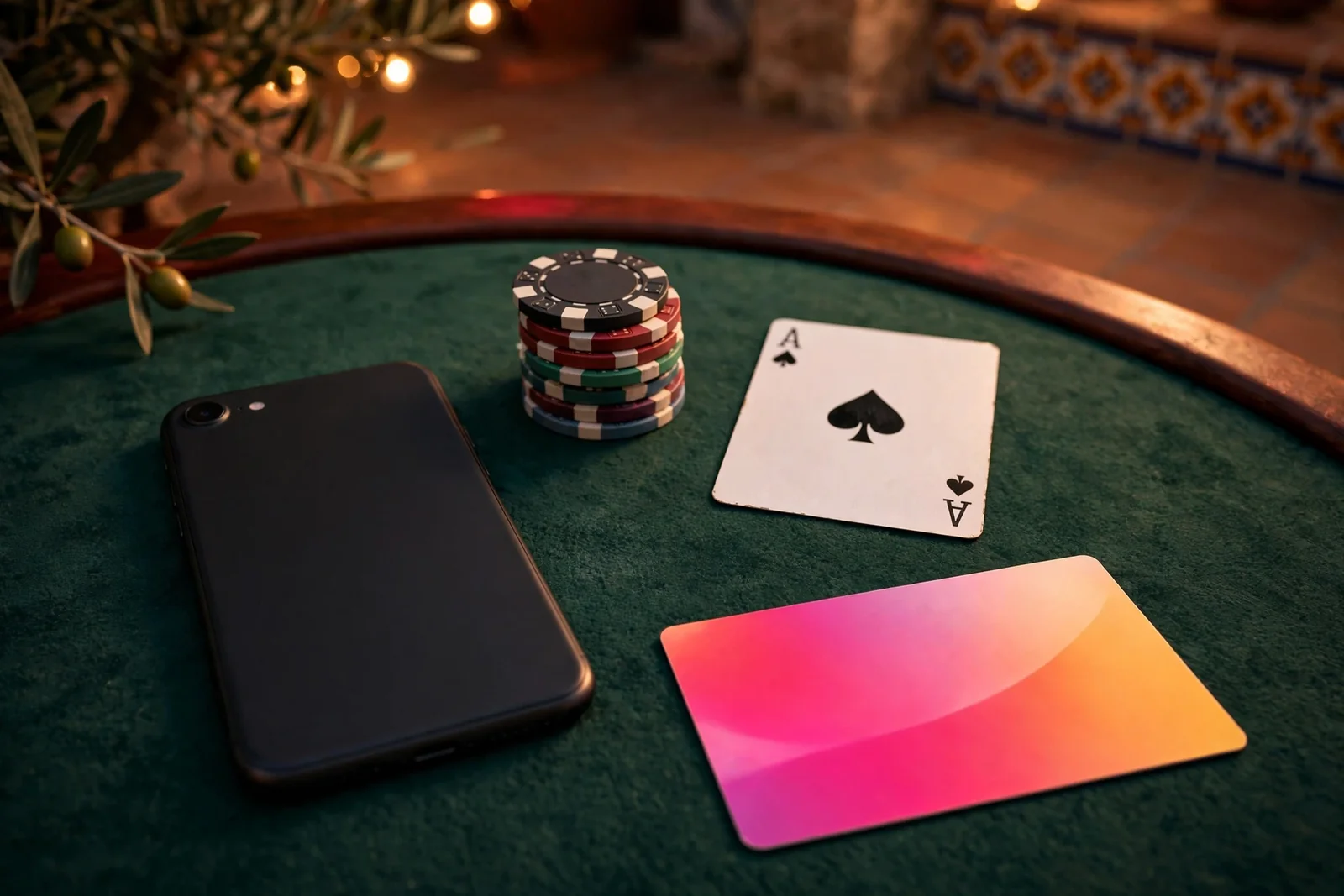Teléfono boca abajo sobre mesa de casino con fichas, carta y vale Neosurf