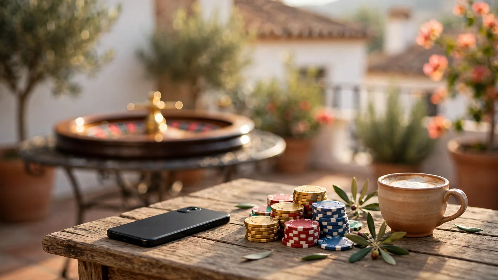 Smartphone, fichas de casino y ruleta en terraza española soleada