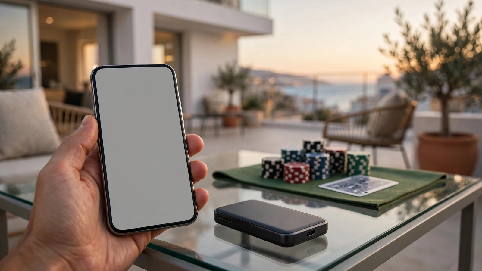 Mano con monedero XRP junto a fichas de casino en terraza española al atardecer
