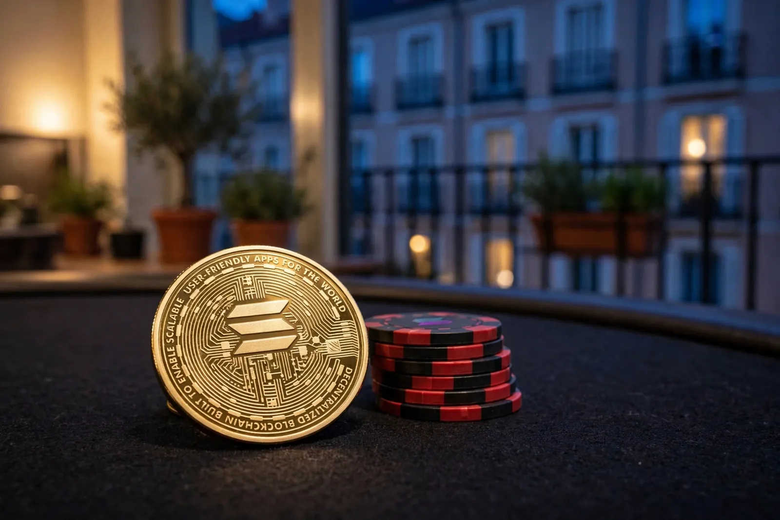 Moneda de Solana sobre una mesa de casino con fichas de poker, luz cálida y fondo borroso.