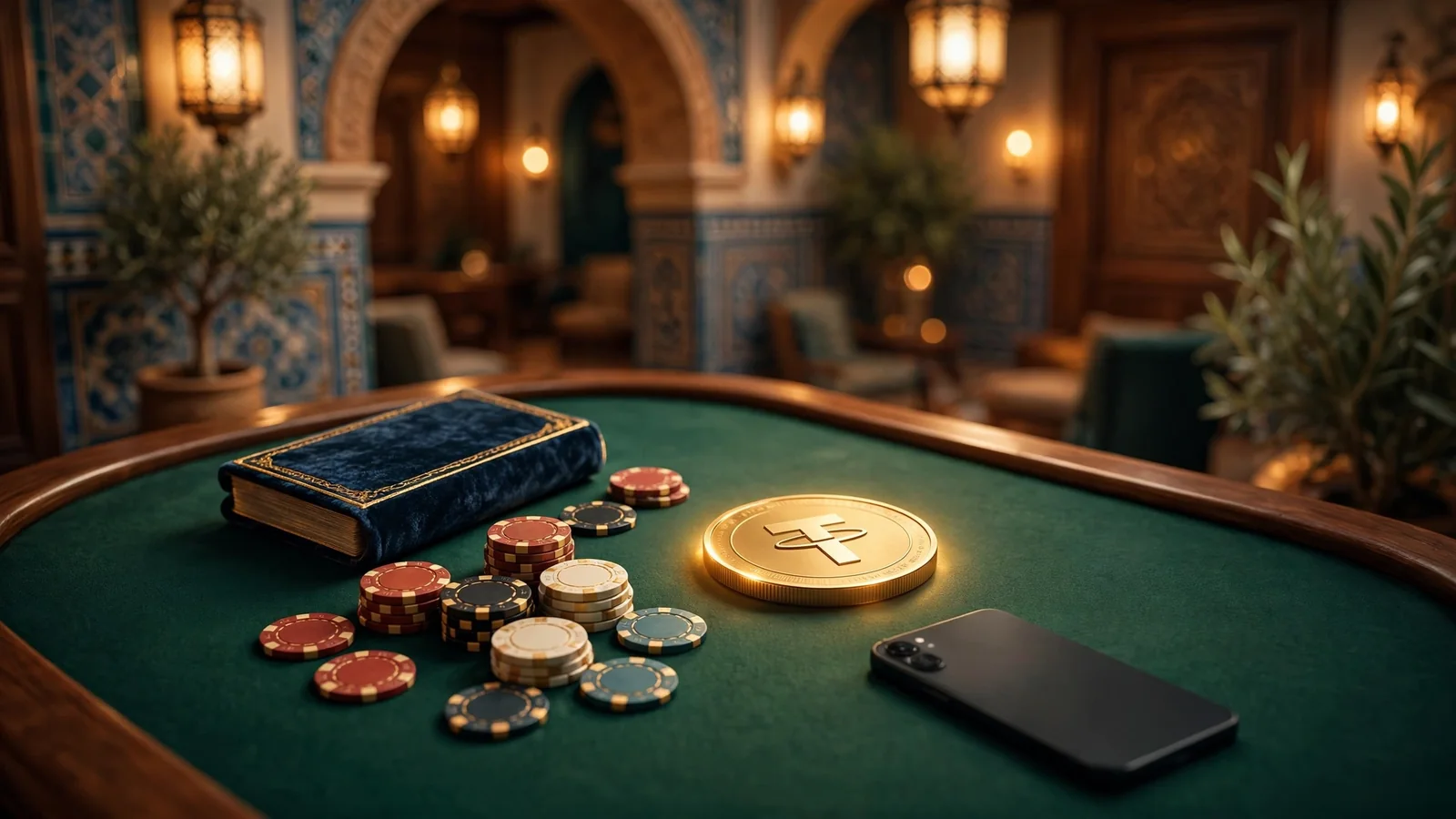 Mesa de casino española con fichas doradas y moneda Tether brillante junto a un teléfono boca abajo.