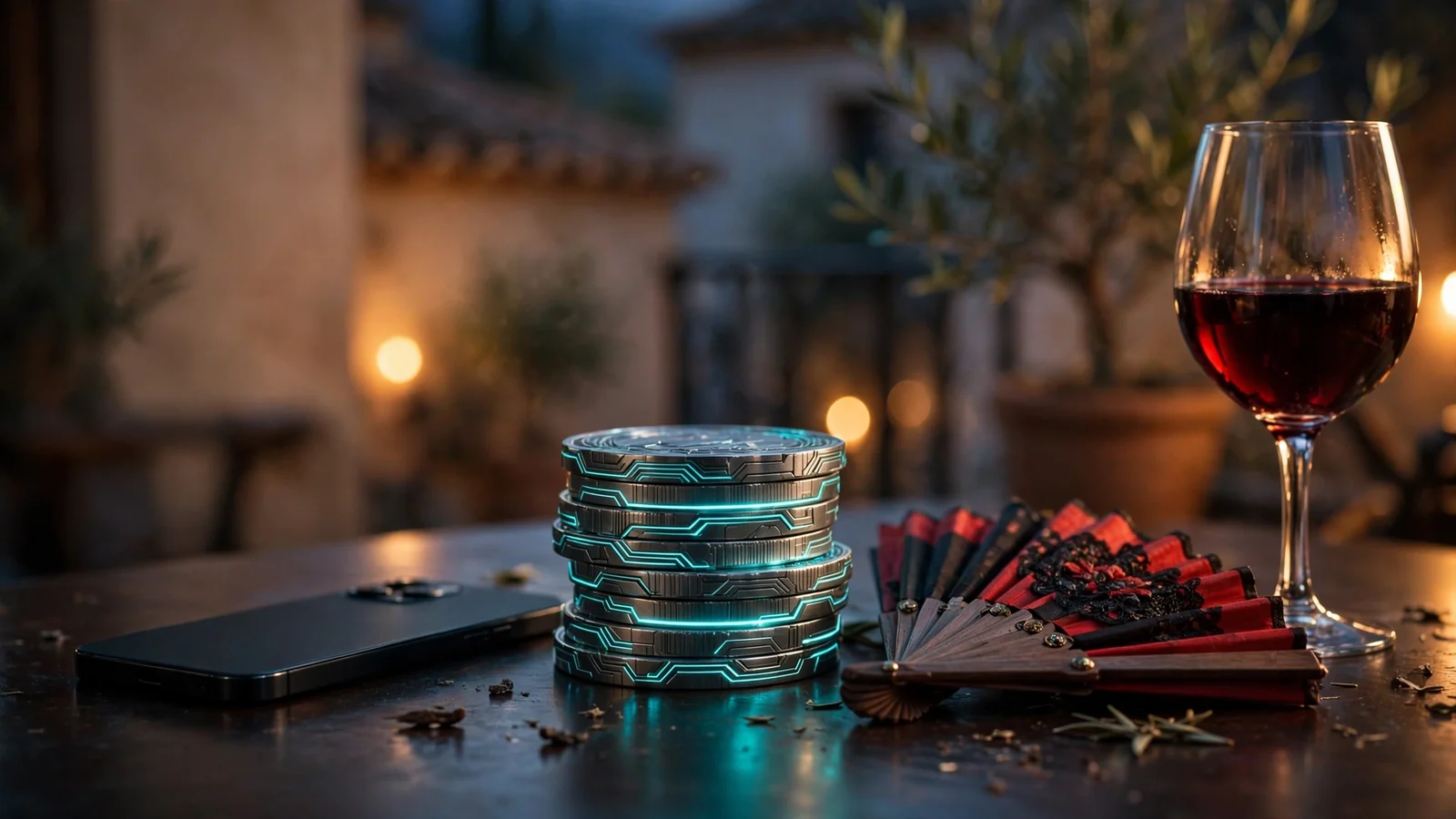 Mesa con teléfono, monedas TRON y elementos españoles al atardecer
