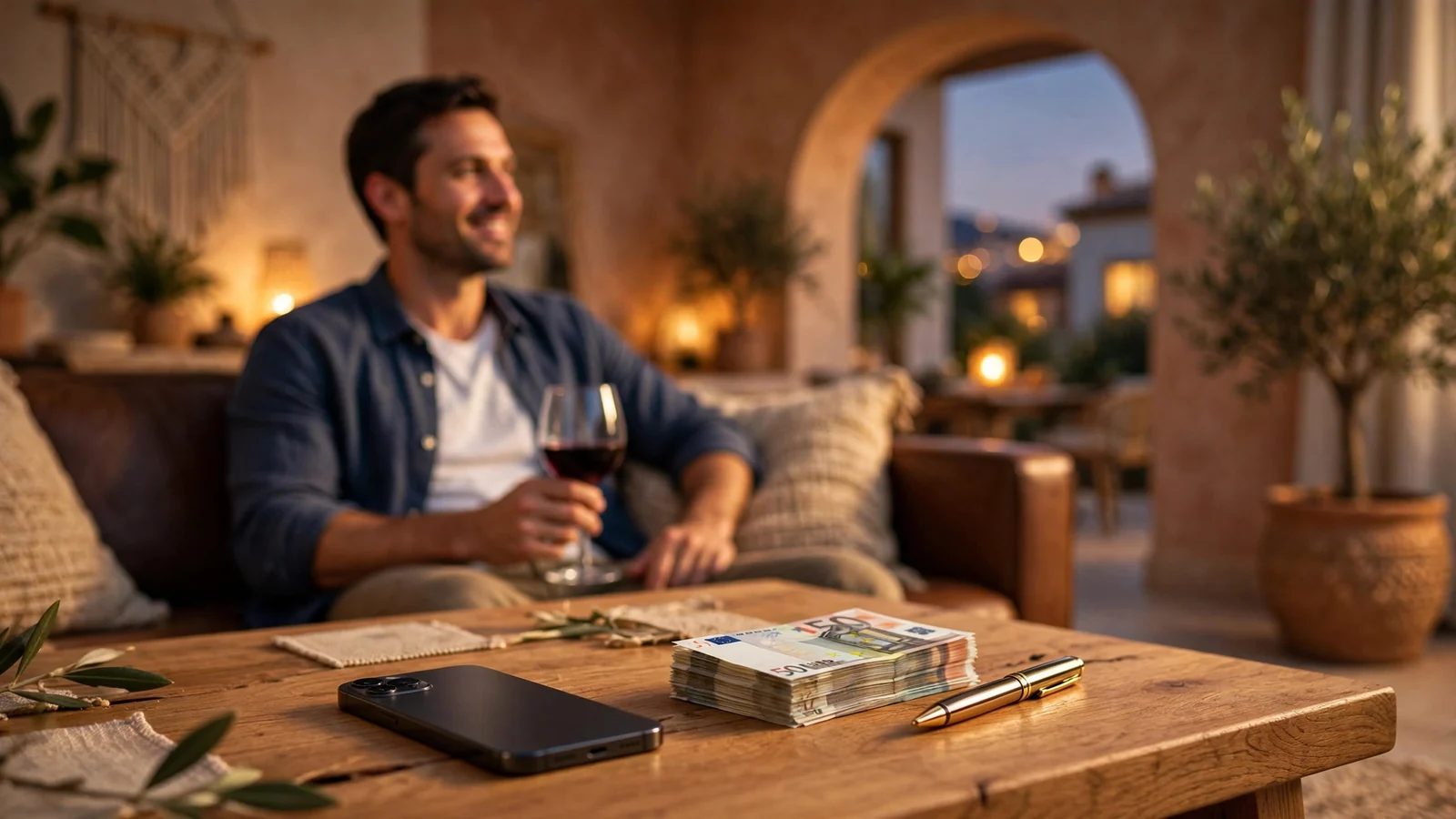 Hombre en salón español con smartphone y euros en la mesa
