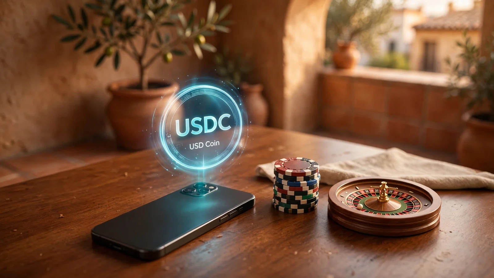 Móvil con ficha de USDC junto a fichas de casino y ruleta en ambiente español