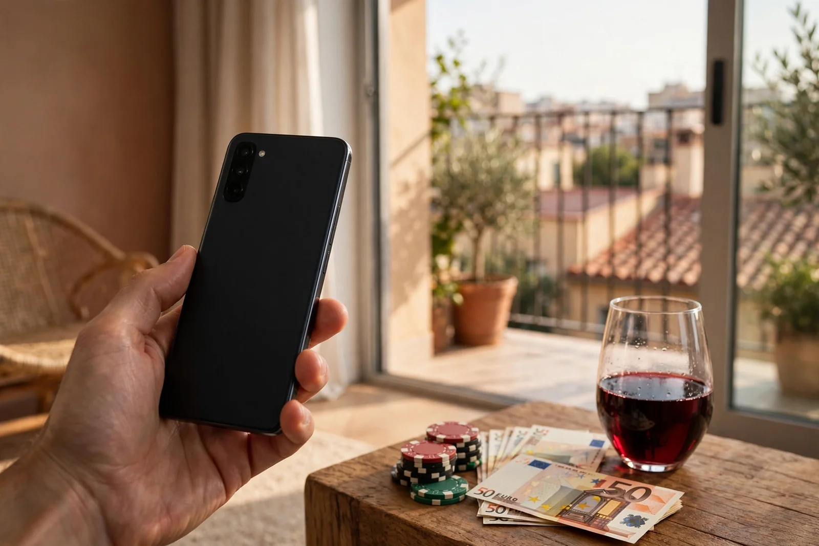 Mano sosteniendo un smartphone junto a fichas de casino y euros en un apartamento español