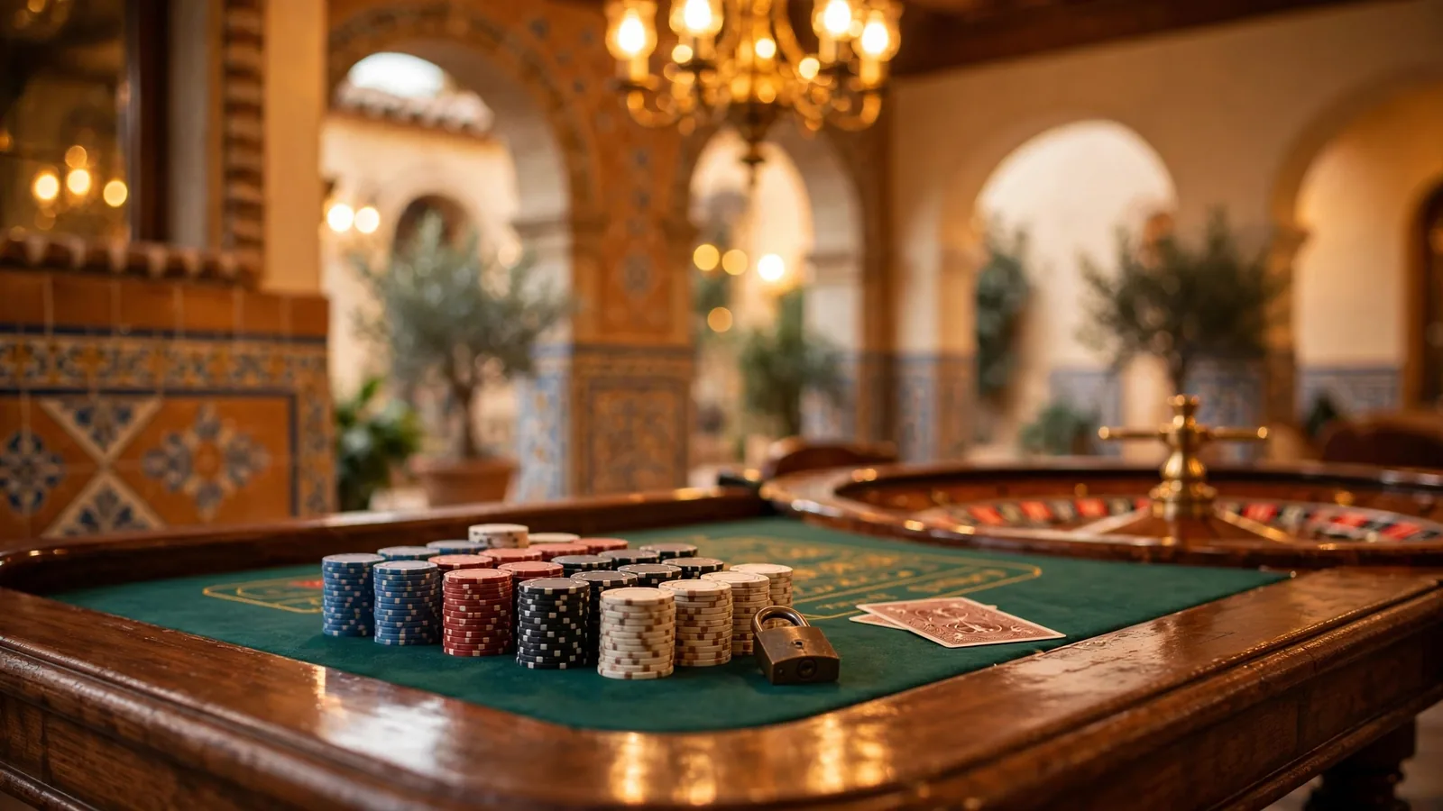 Mesa de ruleta elegante en un casino español con fichas y un candado de seguridad