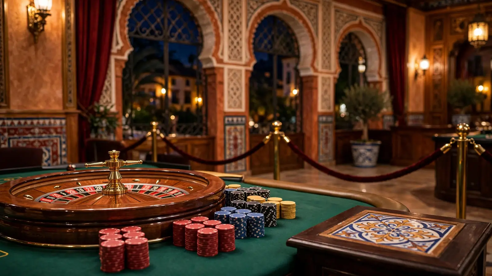 Sala de casino elegante en España con ruleta y fichas