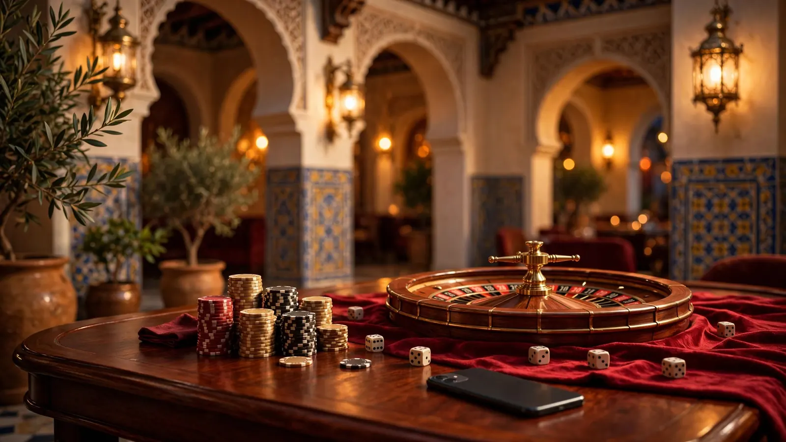 Lujoso salón de casino estilo español con fichas, ruleta y dados dorados.