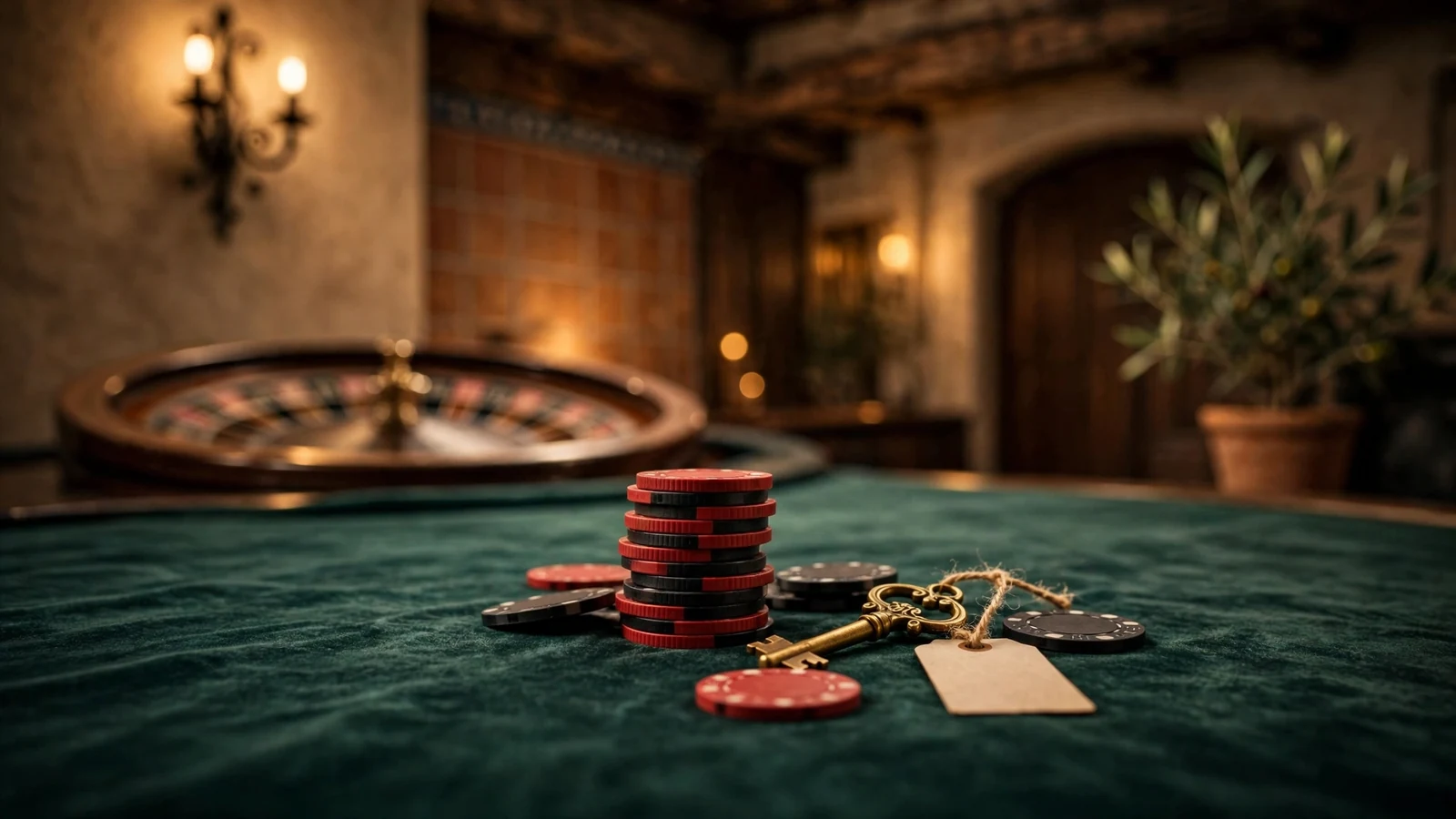 Fichas de pójidad y una llave dorada sobre una mesa de casino