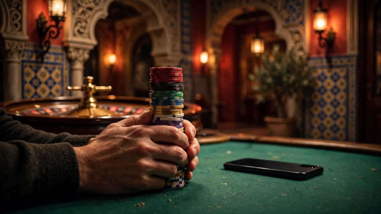Jugador con fichas de casino junto a teléfono boca abajo sobre mesa de juego española