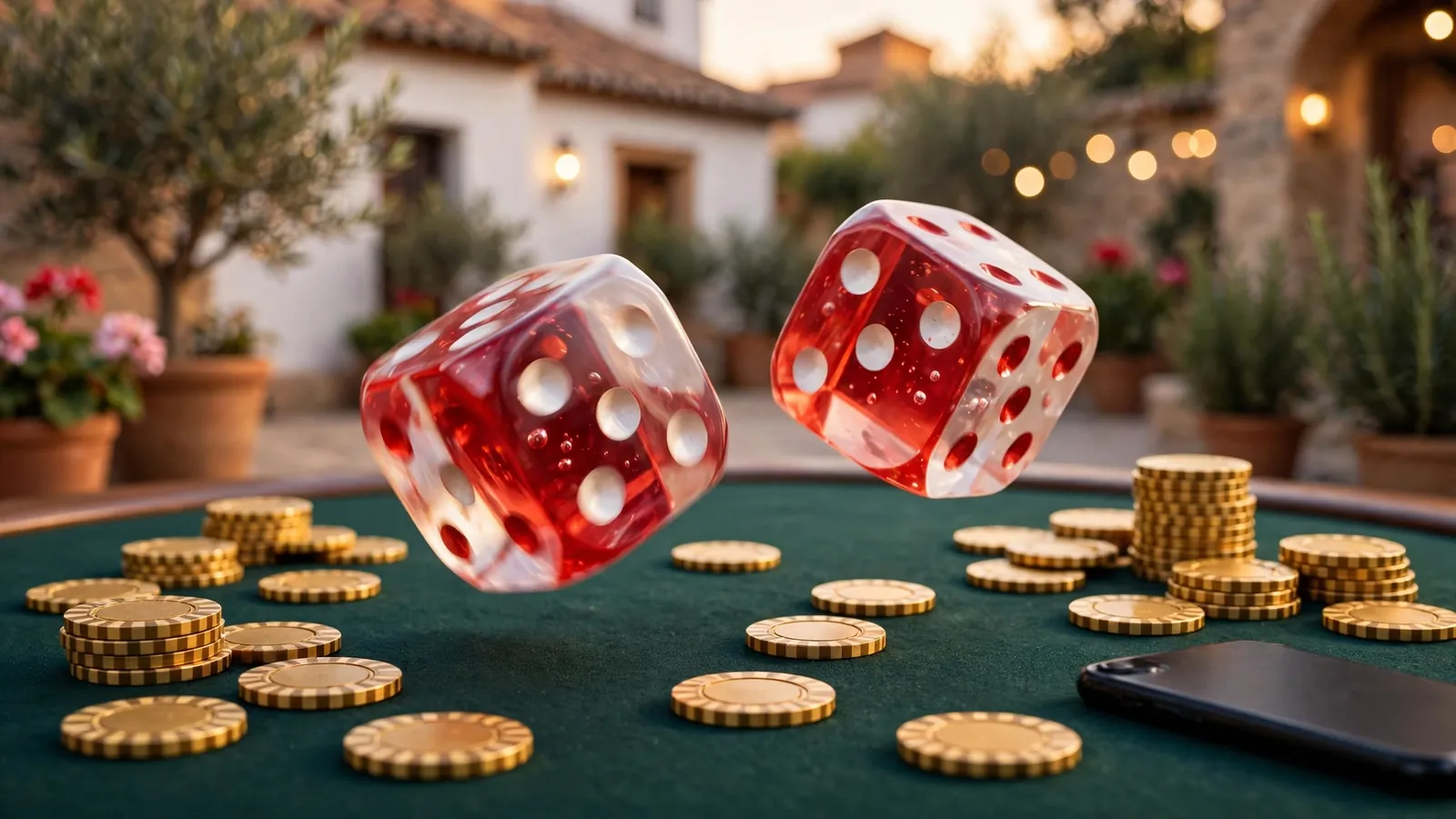 Dos dados translúcidos rodando sobre tapete verde de casino con fichas doradas