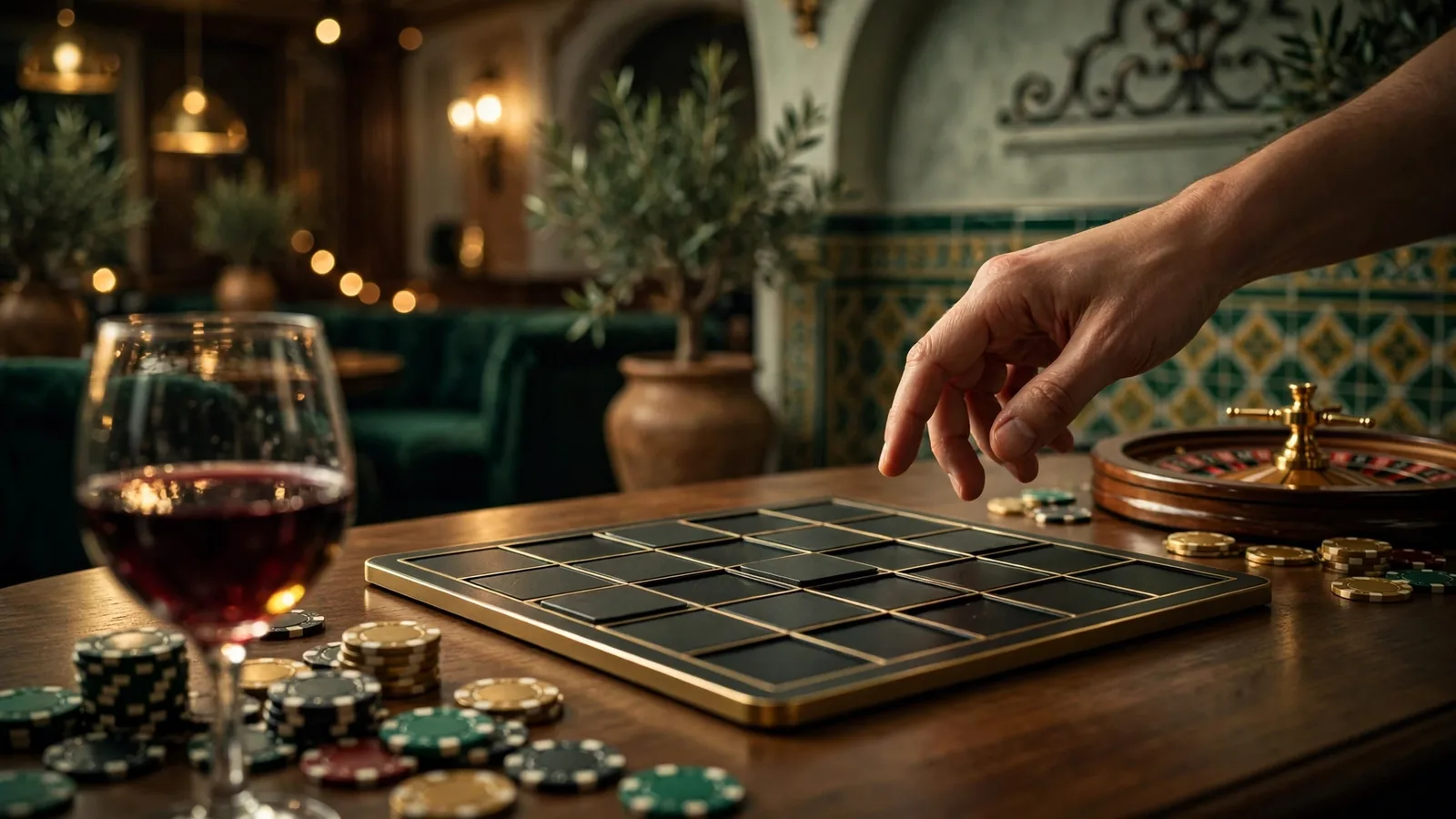 Mesa de casino con tablero tipo Mines, fichas y ruleta