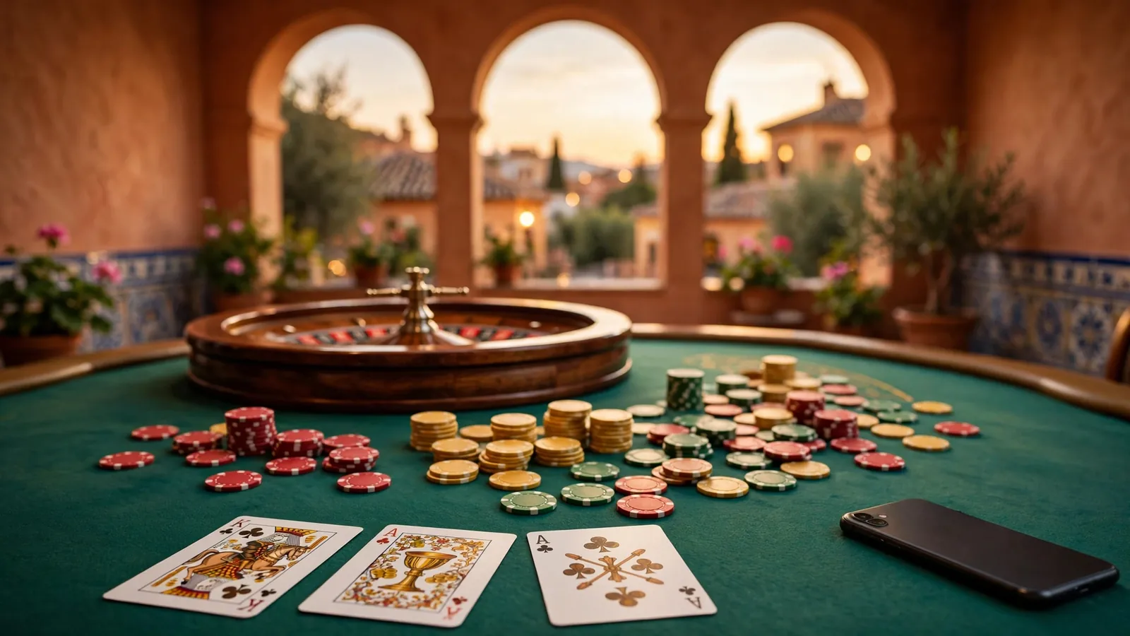 Mesa de casino con ruleta, fichas de colores y cartas en ambiente español cálido