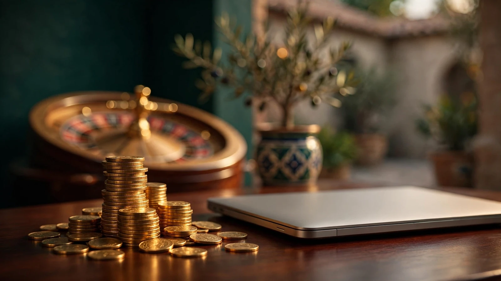 Mesa de casino elegante con monedas de oro y ruleta en luz cálida