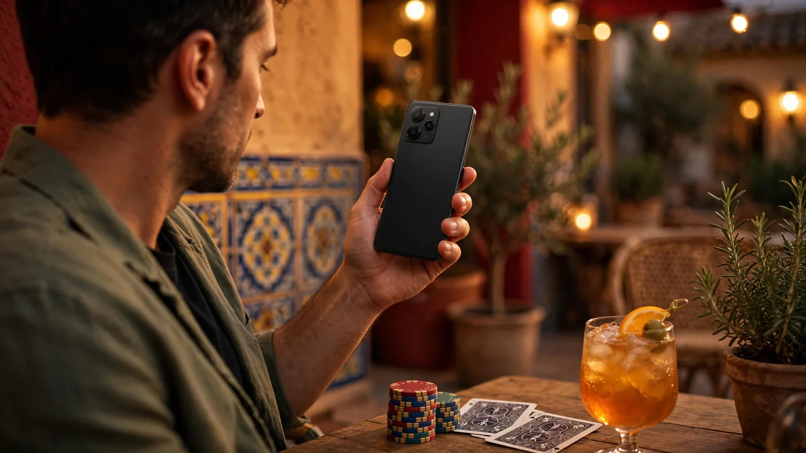 Persona sosteniendo un teléfono Android junto a fichas de casino y cartas en una mesa iluminada con tonos cálidos.
