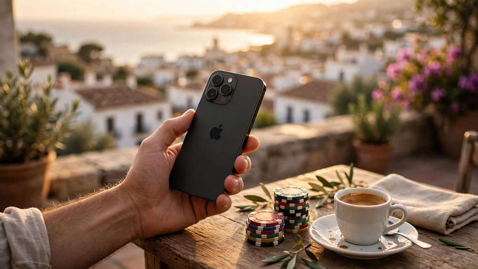 Manos sosteniendo un iPhone en una terraza española con fichas de casino y café