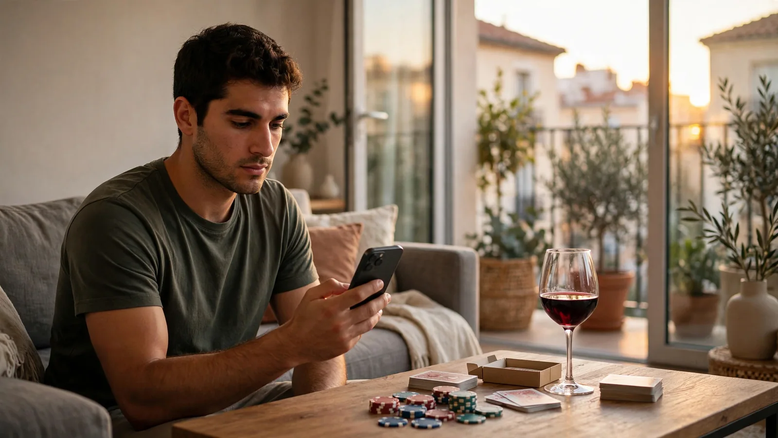 Hombre español revisa app de casino en su smartphone junto a fichas y cartas