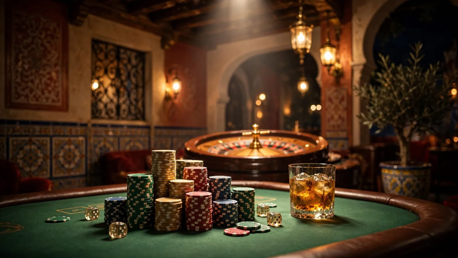 Mesa de casino elegante con fichas de póquer y ruleta bajo luz dorada