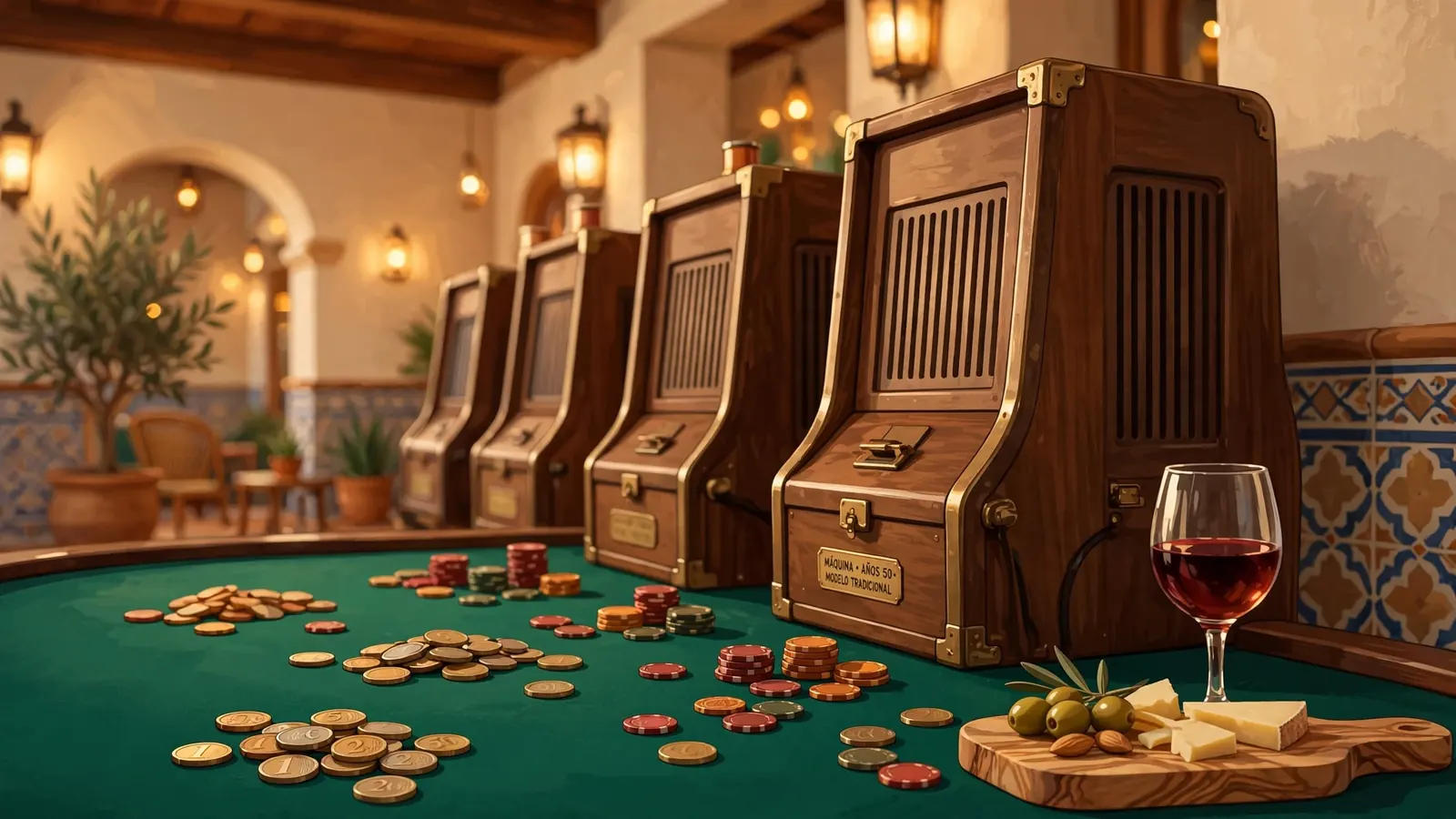 Sala de casino española con máquinas tragaperras vistas por detrás, monedas y fichas sobre tapete verde