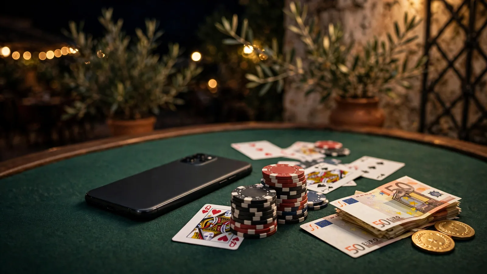 Móvil sobre mesa de casino con fichas y billetes