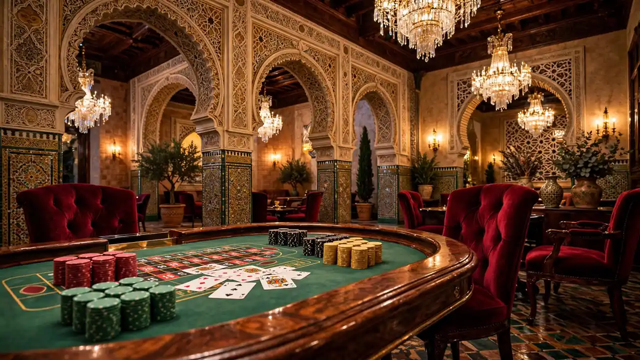 Interior elegante de casino español con mesa de ruleta, fichas y cartas