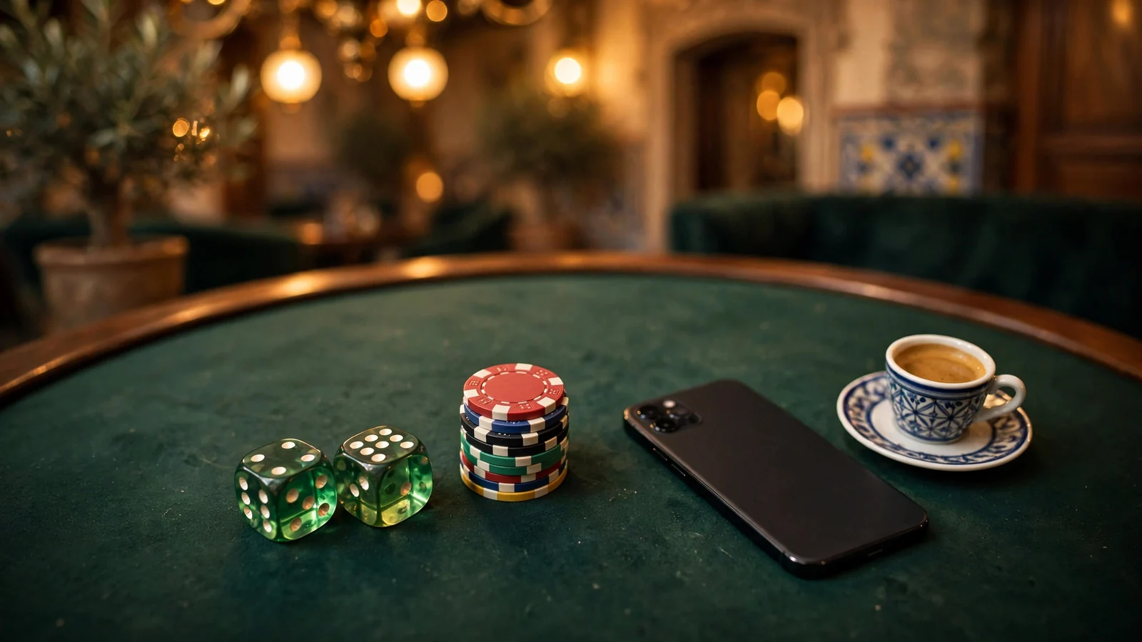 Dados verdes y fichas sobre mesa de casino español