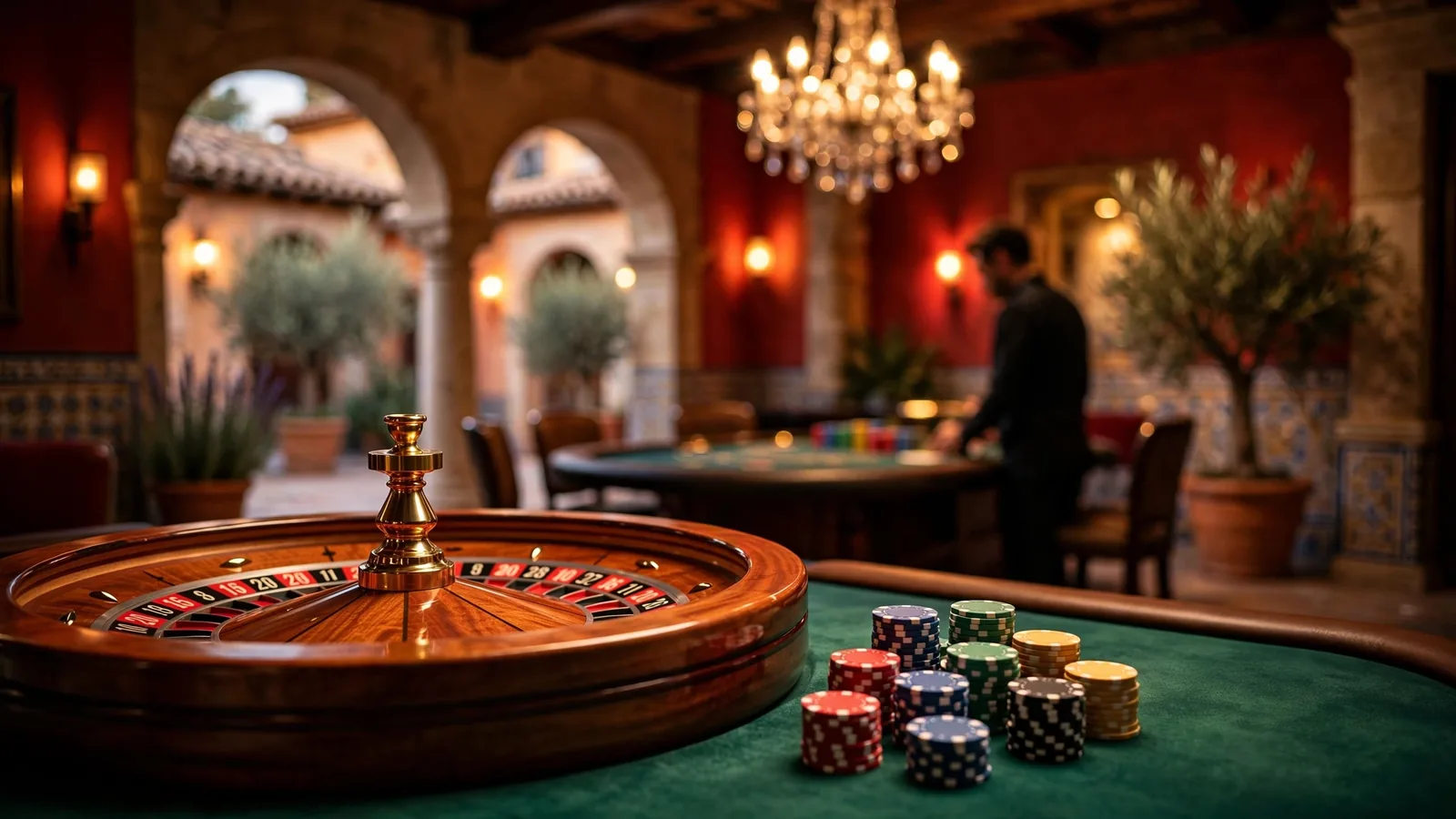 Mesa de casino en vivo con ruleta y fichas bajo iluminación elegante