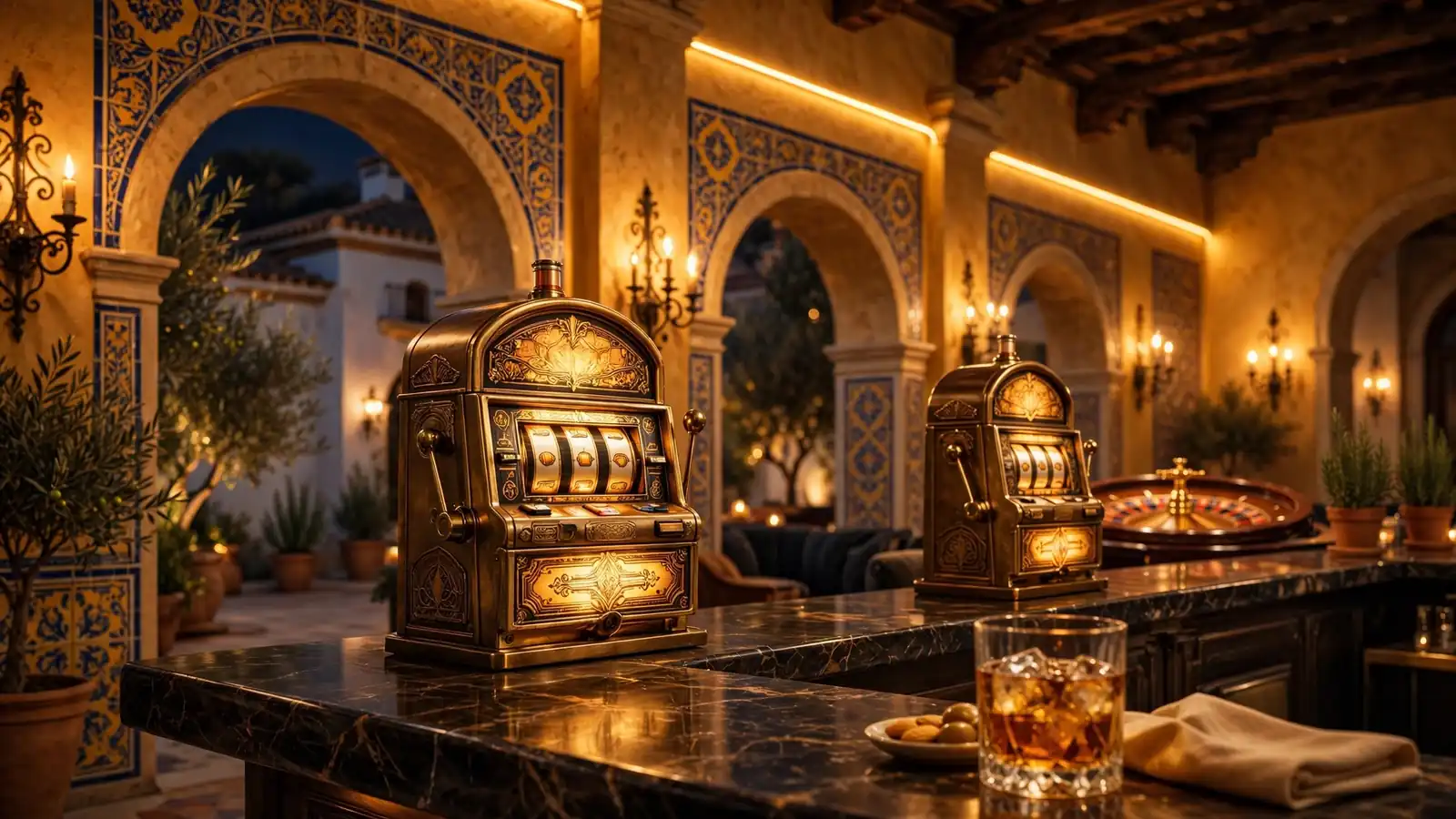 Salón de casino español elegante con máquinas tragaperras vintage, luz cálida dorada y ruleta al fondo