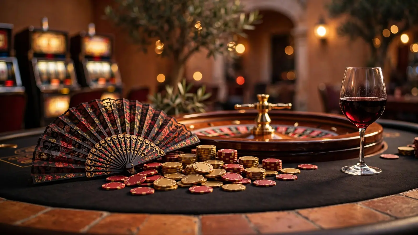 Mesa de casino con ruleta, fichas y ambiente español elegante