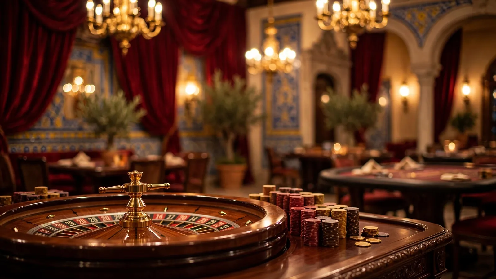 Elegante salón de casino con fichas, ruleta y luz cálida dorada