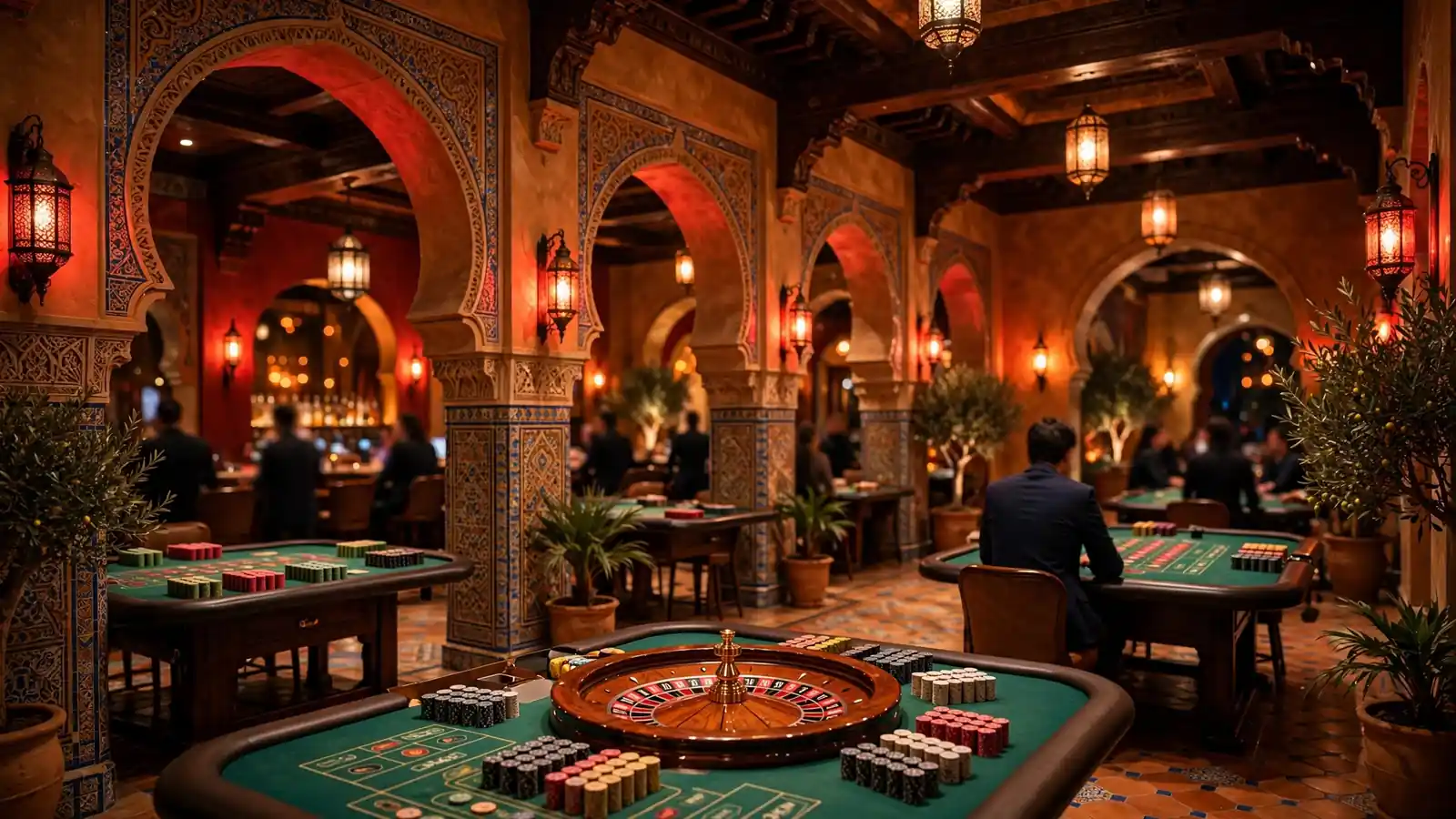 Interior elegante de un casino español con ruletas y fichas bajo luces cálidas.