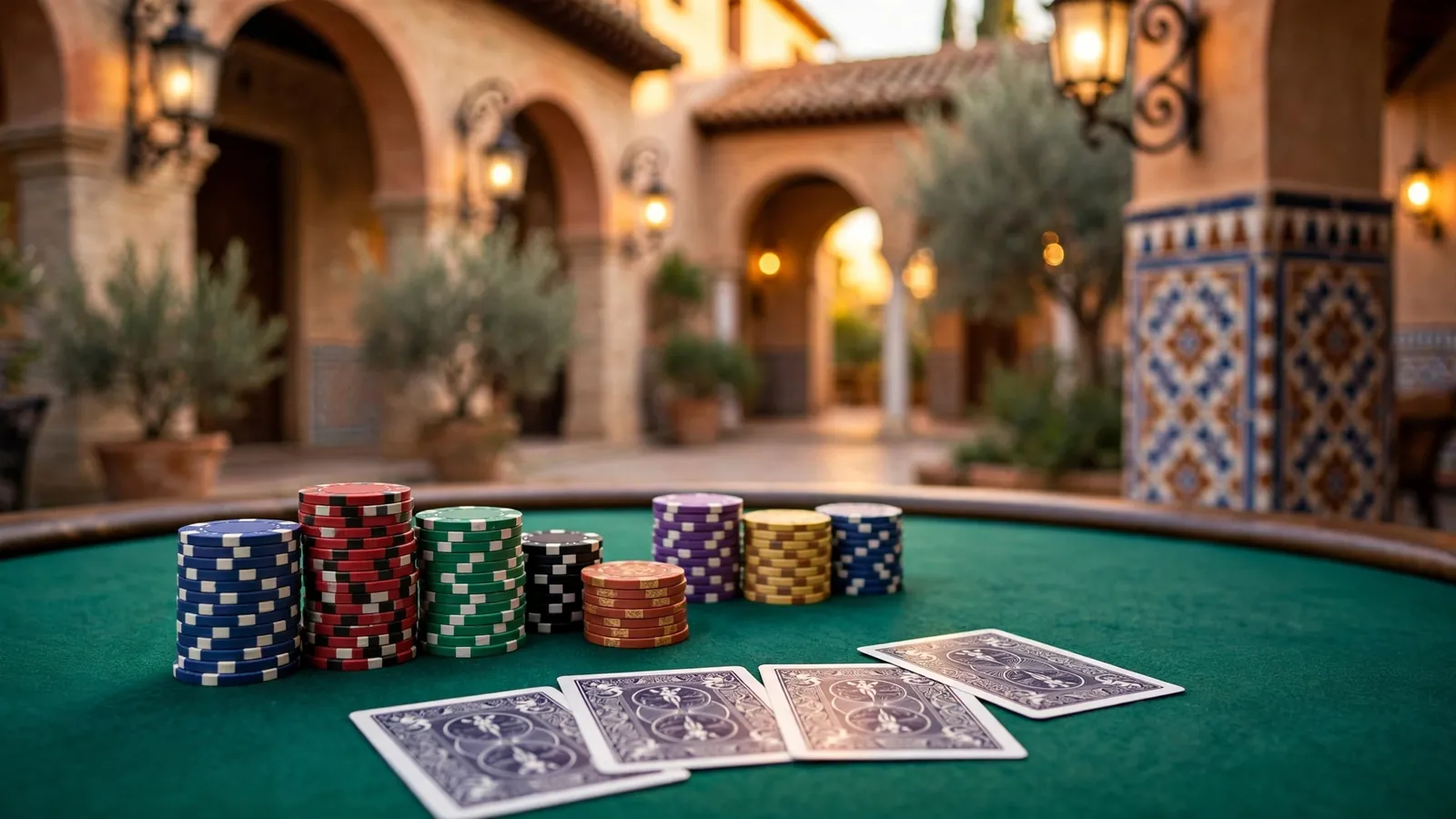 Mesa elegante de casino con fichas y cartas, ambiente nocturno con detalles arquitectónicos españoles